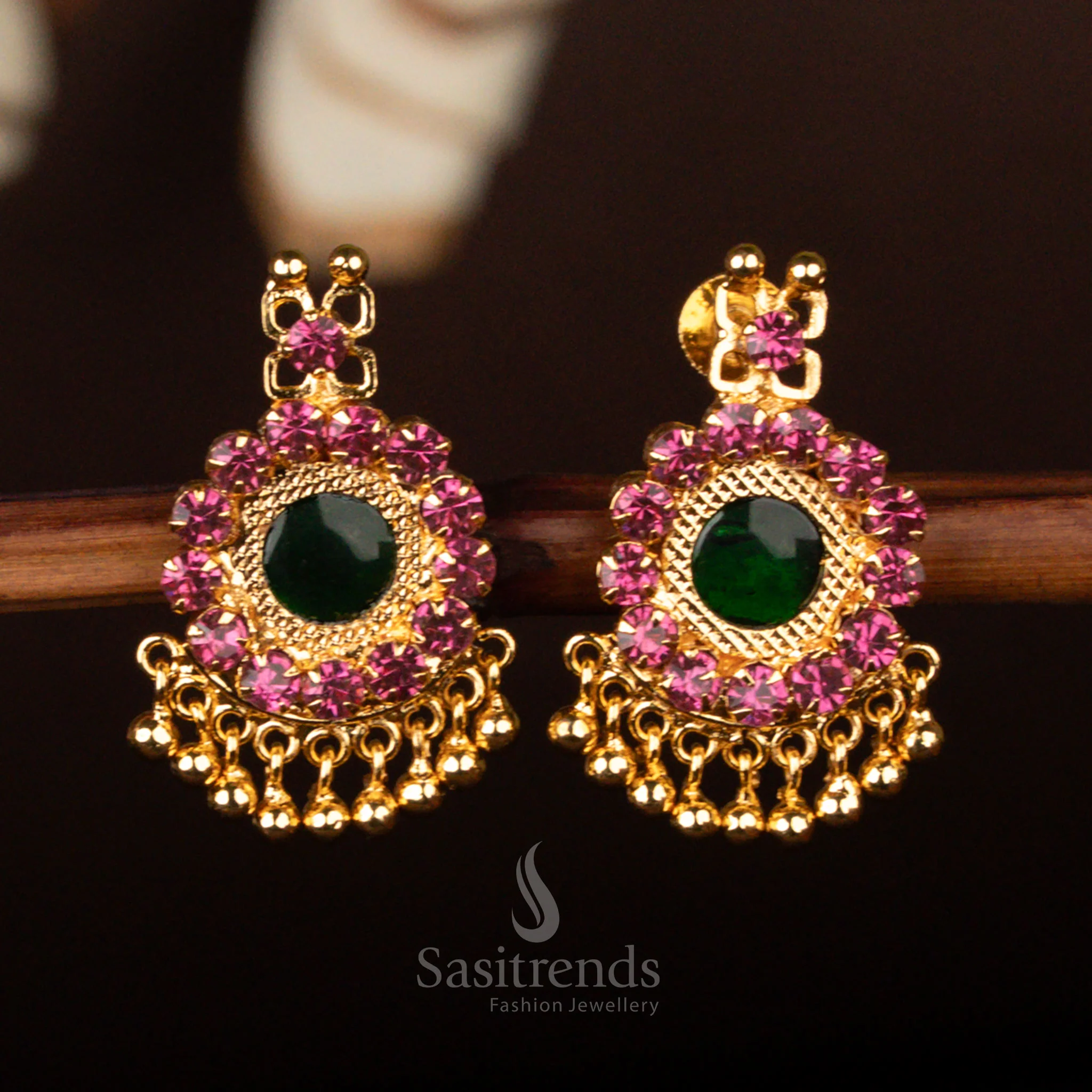 Elegant Kerala-Style One Gram Micro Gold Plated Fully Stone Round Palakka Earrings with Beaded Drops – Traditional & Festive Wear - Sasitrends