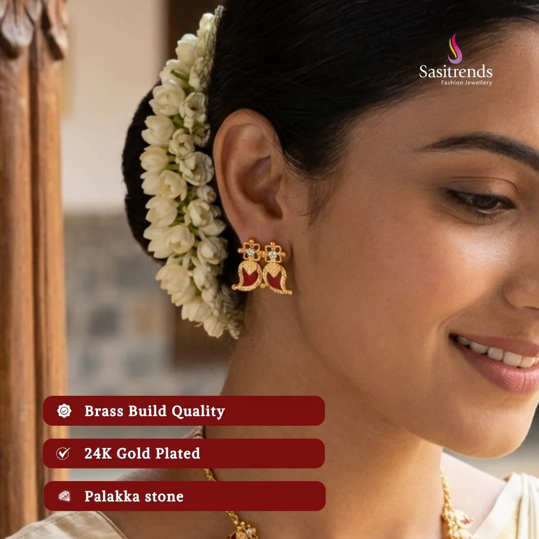 Kerala-Style One Gram Micro Gold Plated Double Palakka Mango Design Earrings with AD Stones – Traditional & Festive Wear - Sasitrends - Image 2