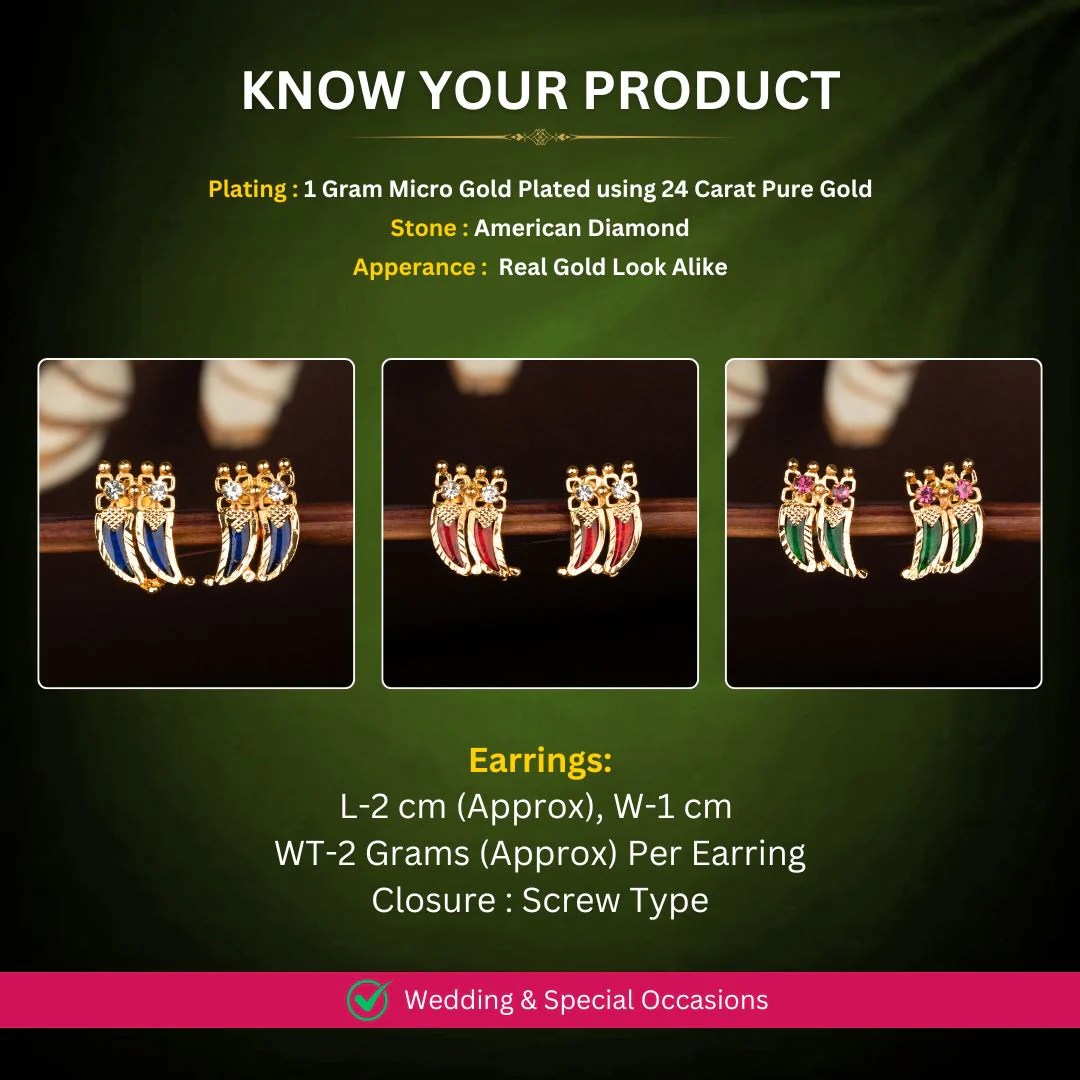 Stunning Kerala-Style One Gram Micro Gold Plated Guaranteed Double Palakka Tiger Nail Earrings with AD Stones – Traditional & Festive Wear - Sasitrends - Image 2