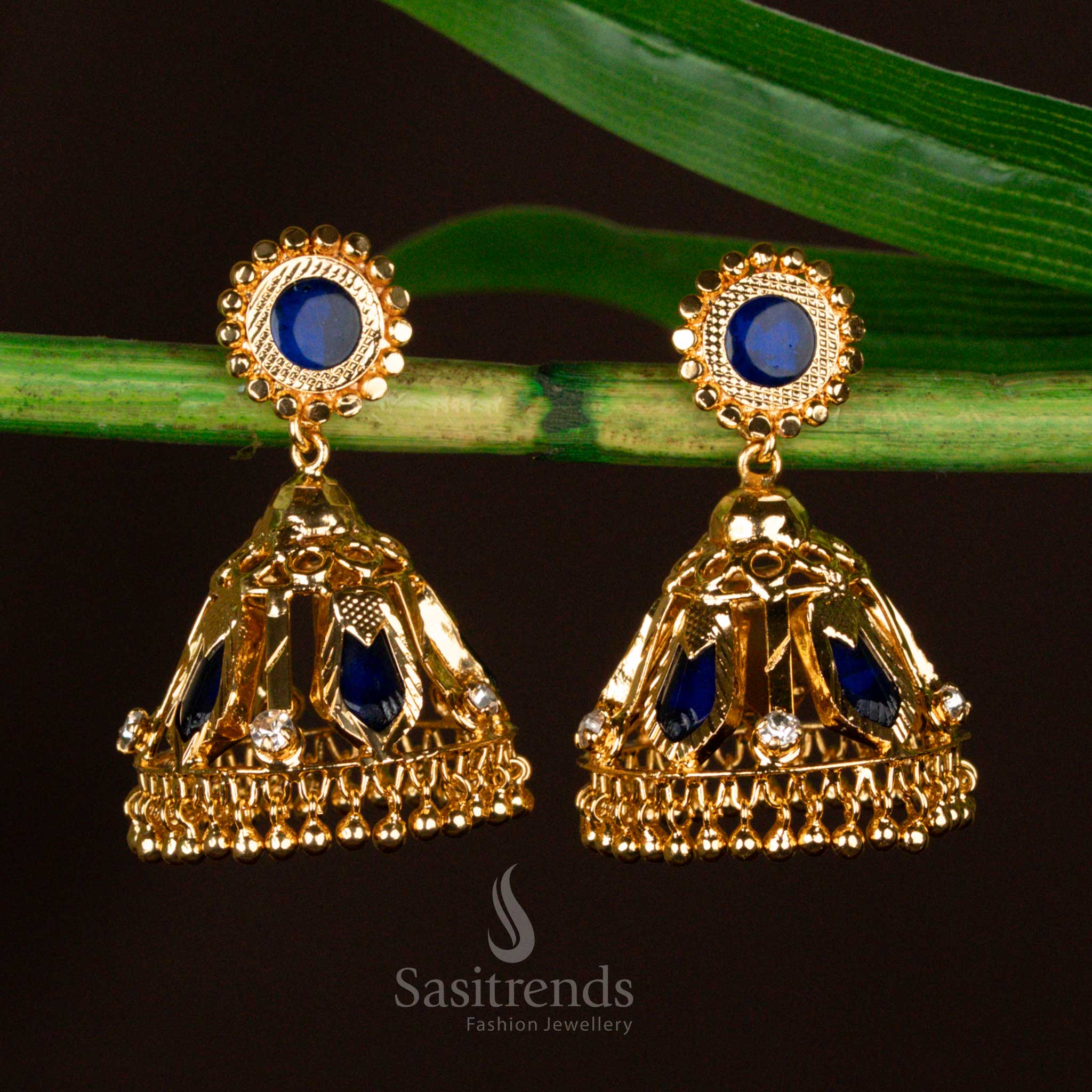 Kerala-Style One Gram Micro Gold Plated 5 Katta Nagapadam Palakka Jhumka Earrings with AD Stones – Traditional & Festive Wear - Sasitrends