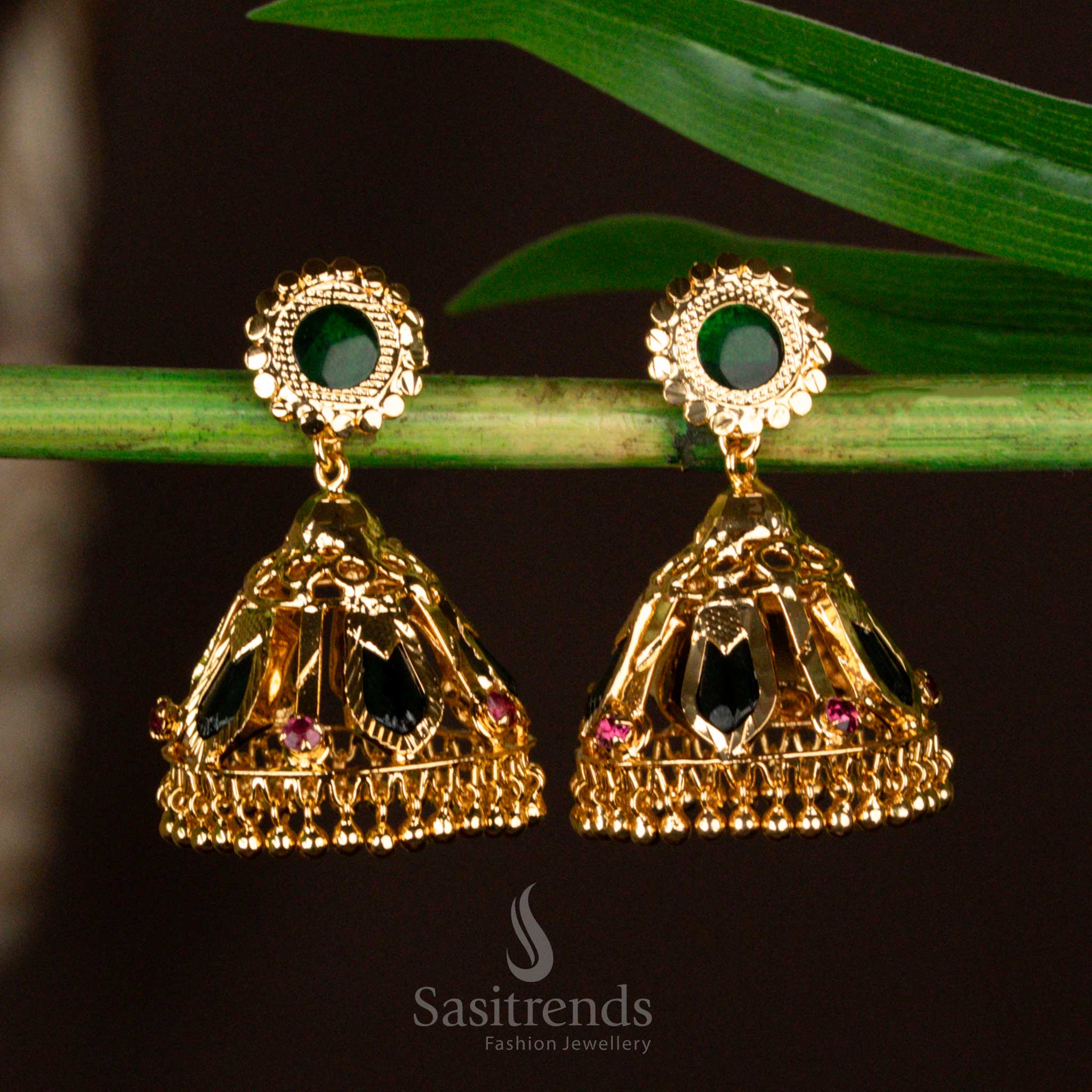 Kerala-Style One Gram Micro Gold Plated 5 Katta Nagapadam Palakka Jhumka Earrings with AD Stones – Traditional & Festive Wear - Sasitrends - Image 3