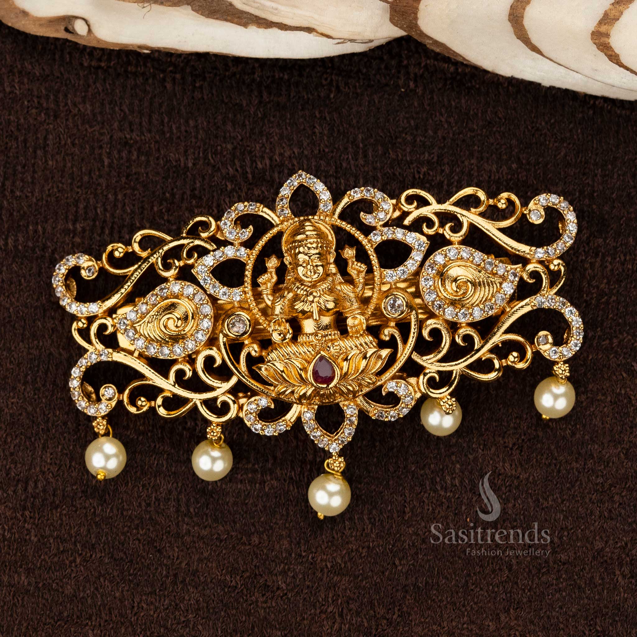 Amazing Premium Temple Matte Gold Plated  Hair Clip with Lakshmi Design - Sasitrends - Image 2