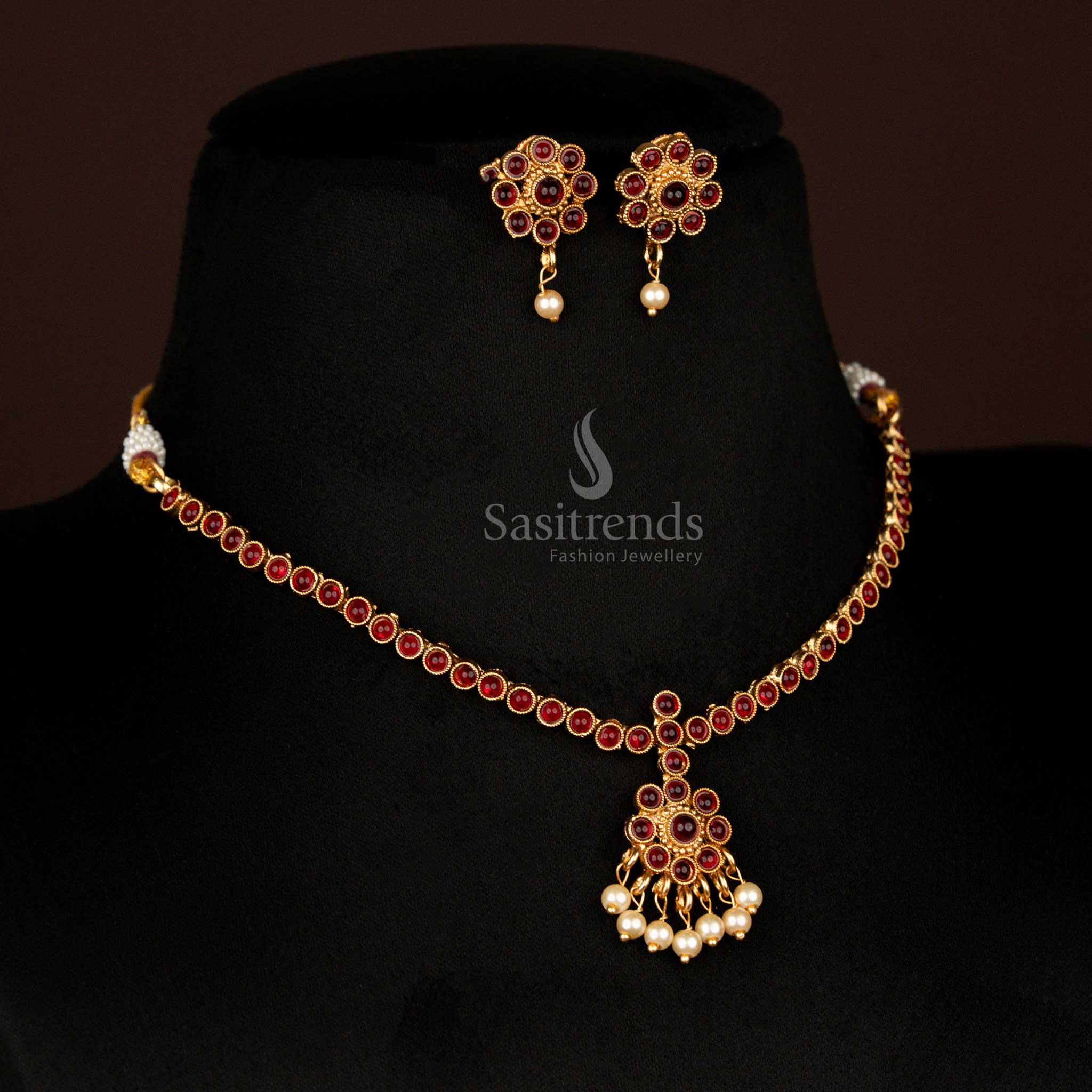 Beautiful Classic Matte Gold Plated Floral Round Pattern Pendant Necklace Jewellery Set with Pearl Hanging – Traditional Wedding Temple Jewellery - Sasitrends - Image 2