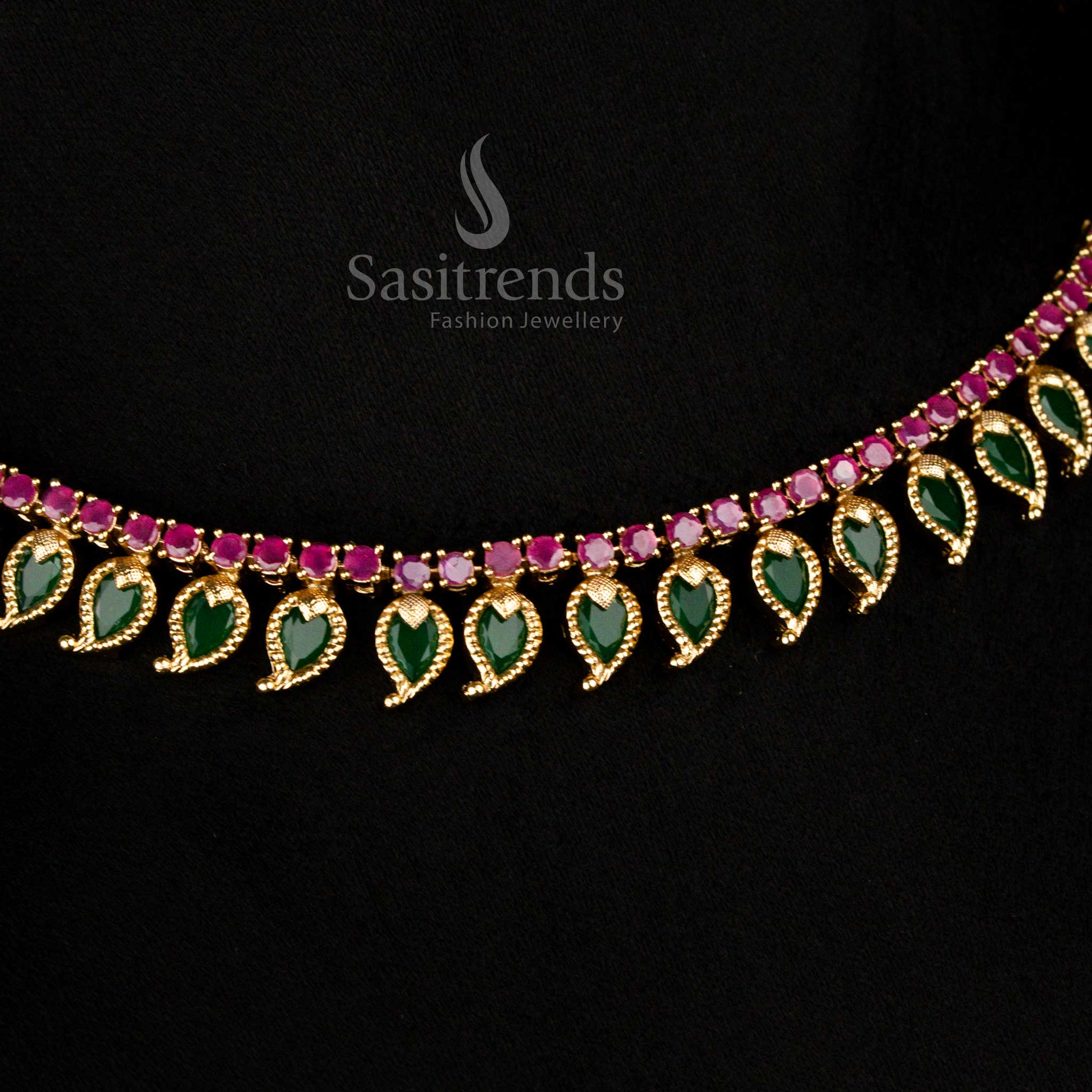 Traditional Matte Gold Plated Palakka Mango AD Stone Short & Long Necklace Jewellery Set | Temple Wear - Image 10