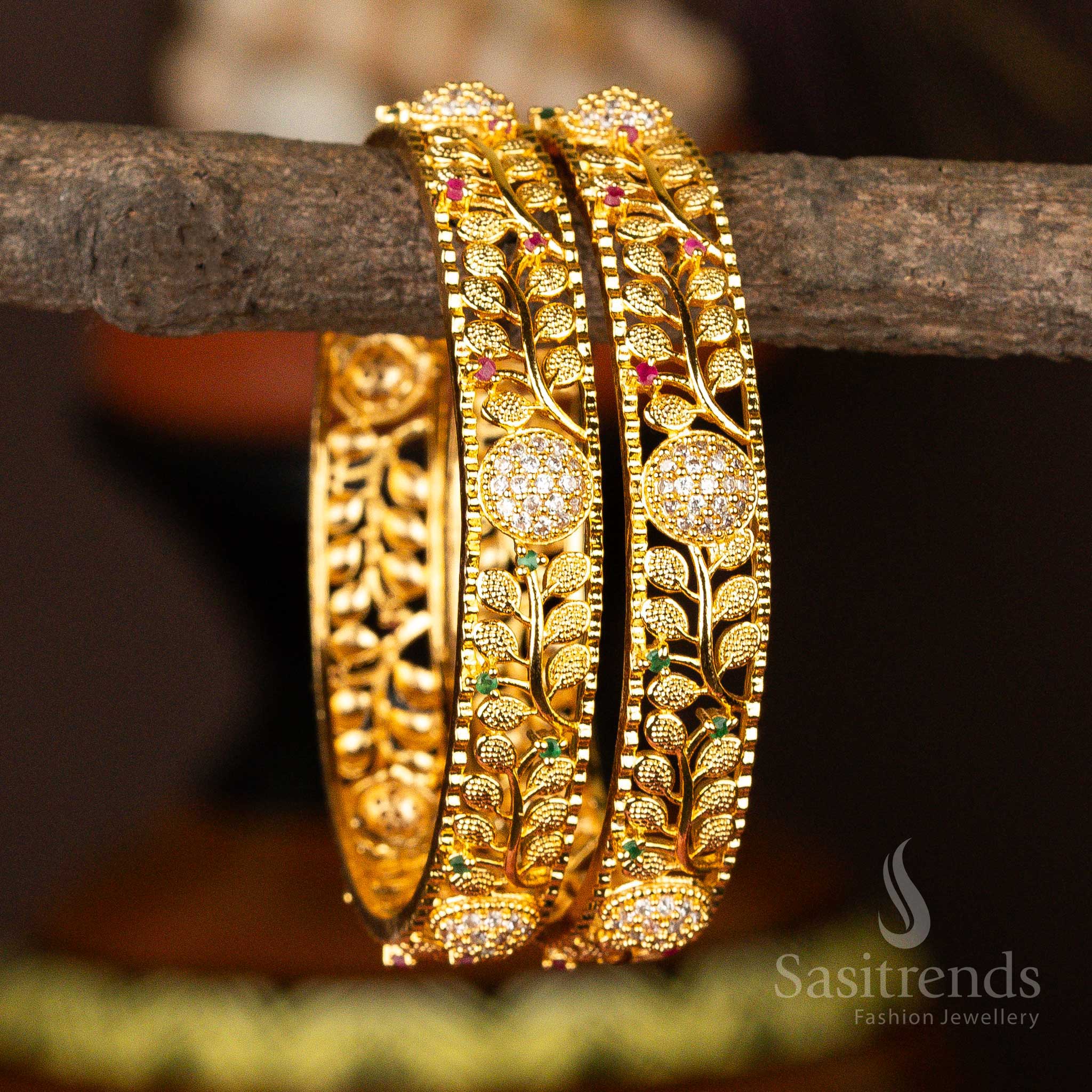 Traditional Micro Gold Plated Leaf Center Ball Designer American Diamond Stones Bangles for Festive Elegance - Image 2