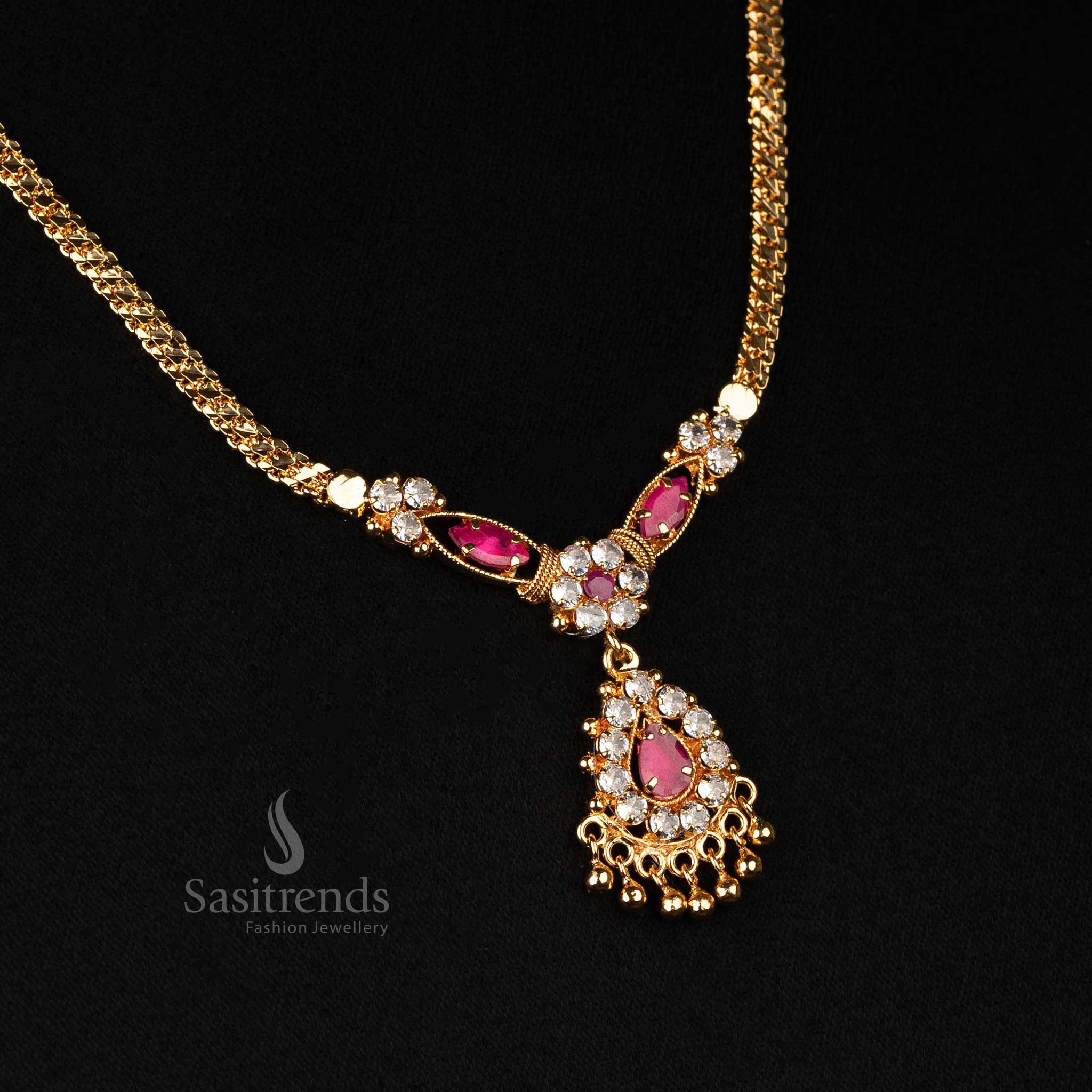 One Gram Micro Gold Plated Necklace with Floral Design and AD Stones - Sasitrends - Image 10