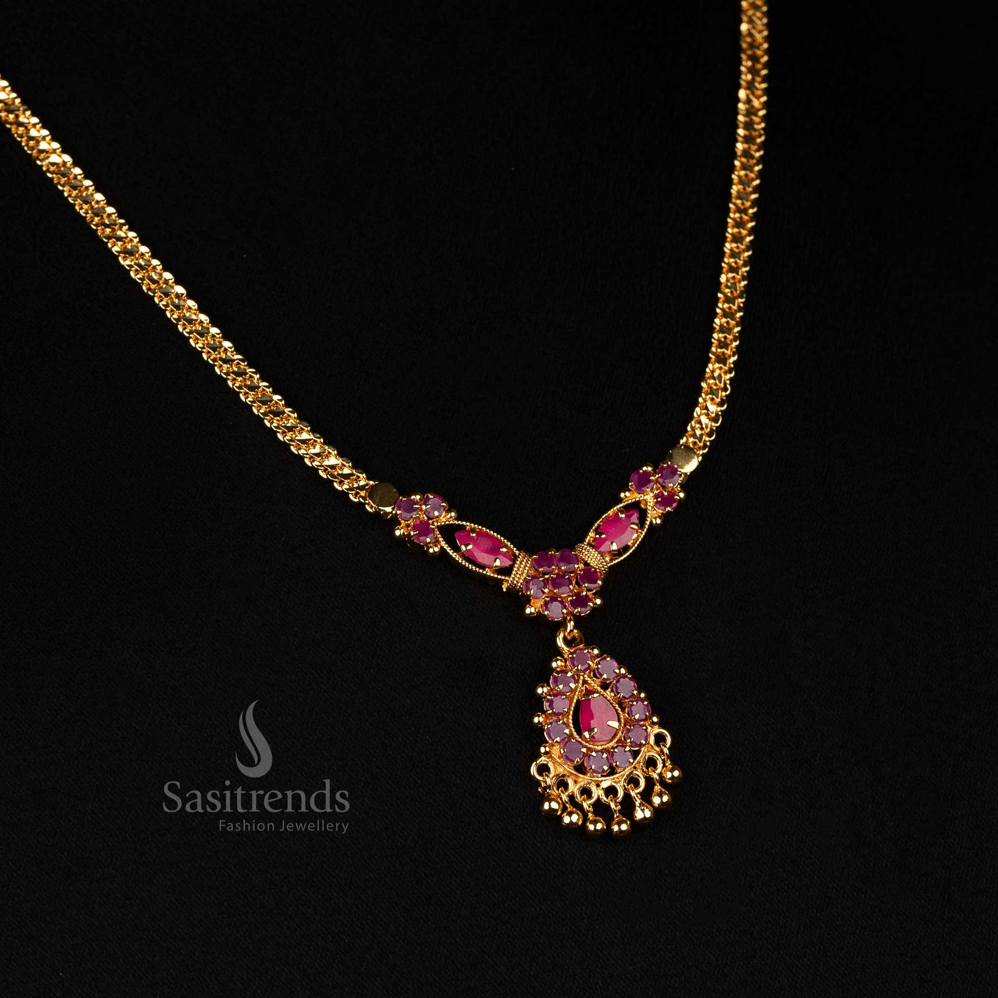 One Gram Micro Gold Plated Necklace with Floral Design and AD Stones - Sasitrends - Image 5
