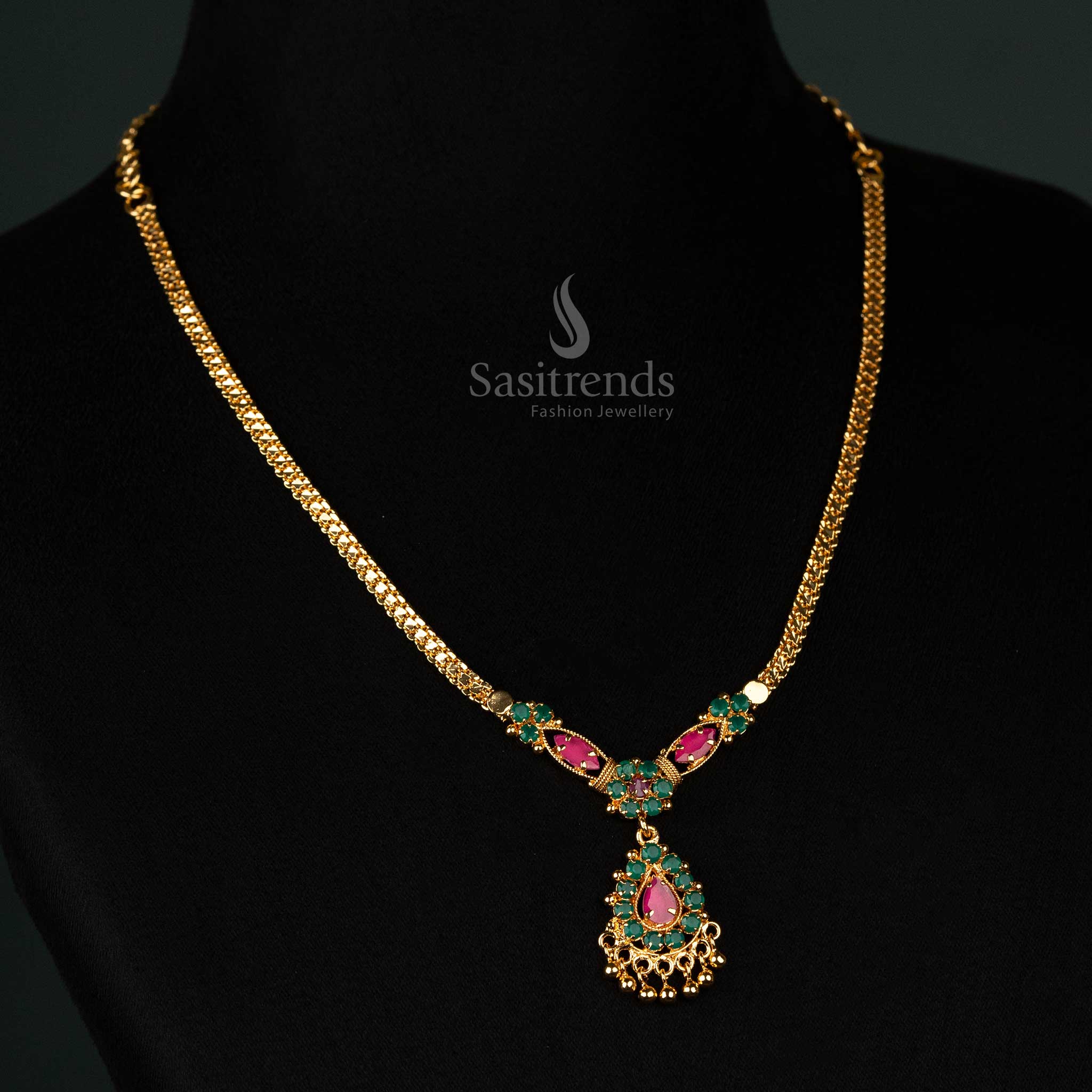 One Gram Micro Gold Plated Necklace with Floral Design and AD Stones - Sasitrends - Image 7