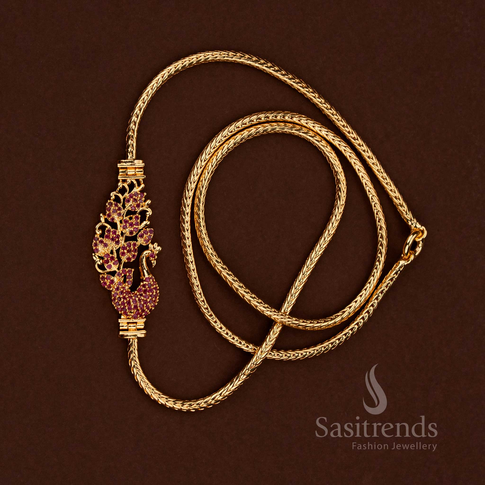Guaranteed One Gram Micro Gold Plated Peacock Motif Floral 24 Inches Mugappu Chain with AD Stones - Sasitrends - Image 5