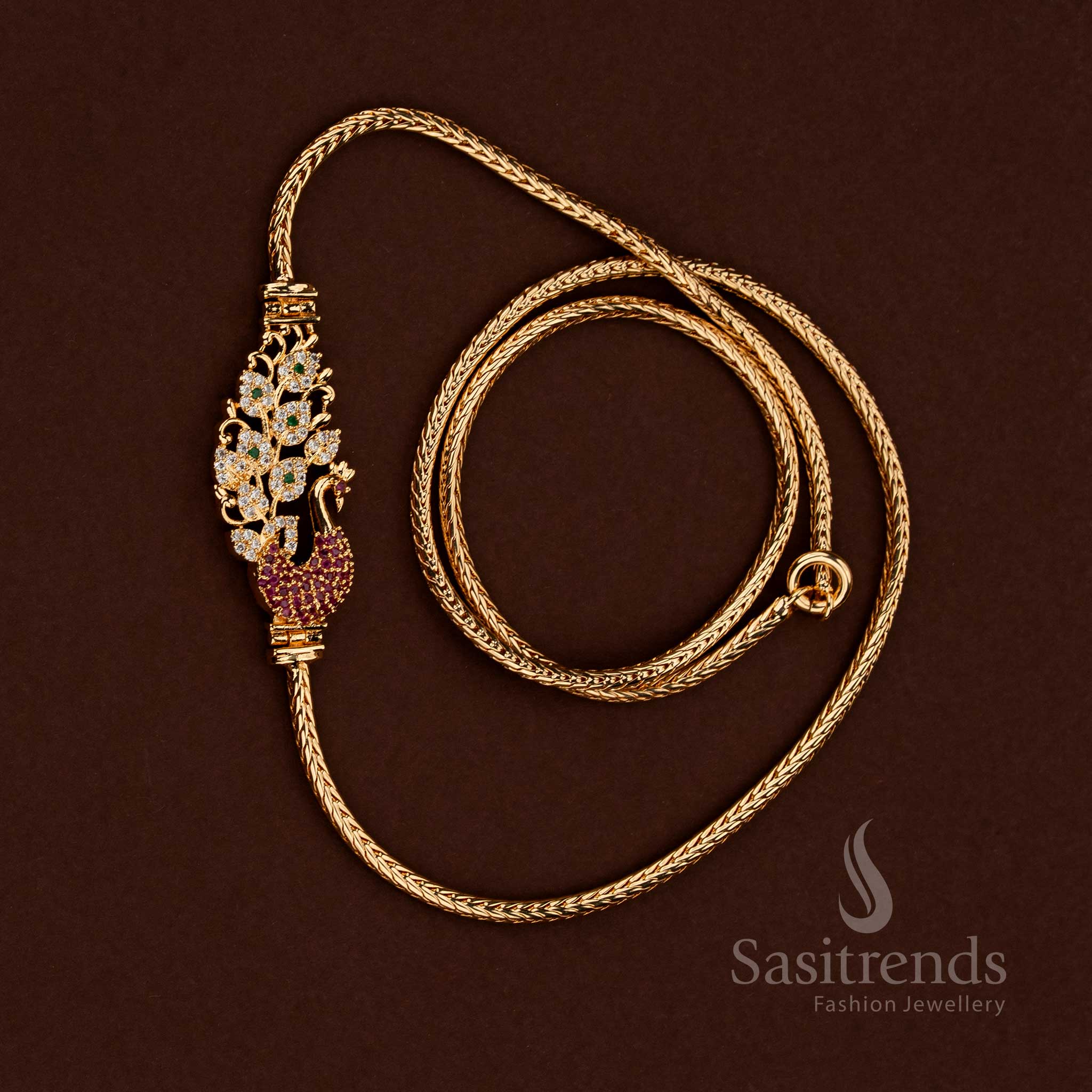Guaranteed One Gram Micro Gold Plated Peacock Motif Floral 24 Inches Mugappu Chain with AD Stones - Sasitrends - Image 7
