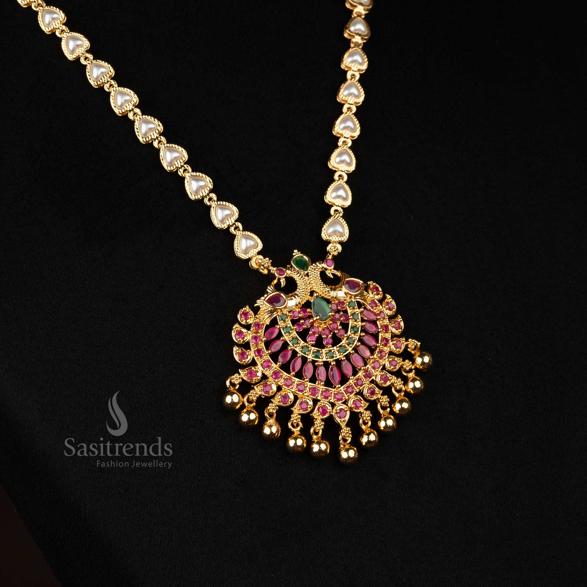 Attractive Guaranteed Micro Gold Plated Pearl Necklace with AD Stone Peacock Pendant Jewellery For Women - Sasitrends - Image 4