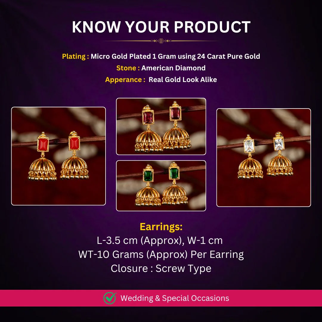 Attractive Micro Gold Plated Rectangular Stone Studded Jhumka Earrings with Traditional Bell Dome Design - Sasitrends - Image 2