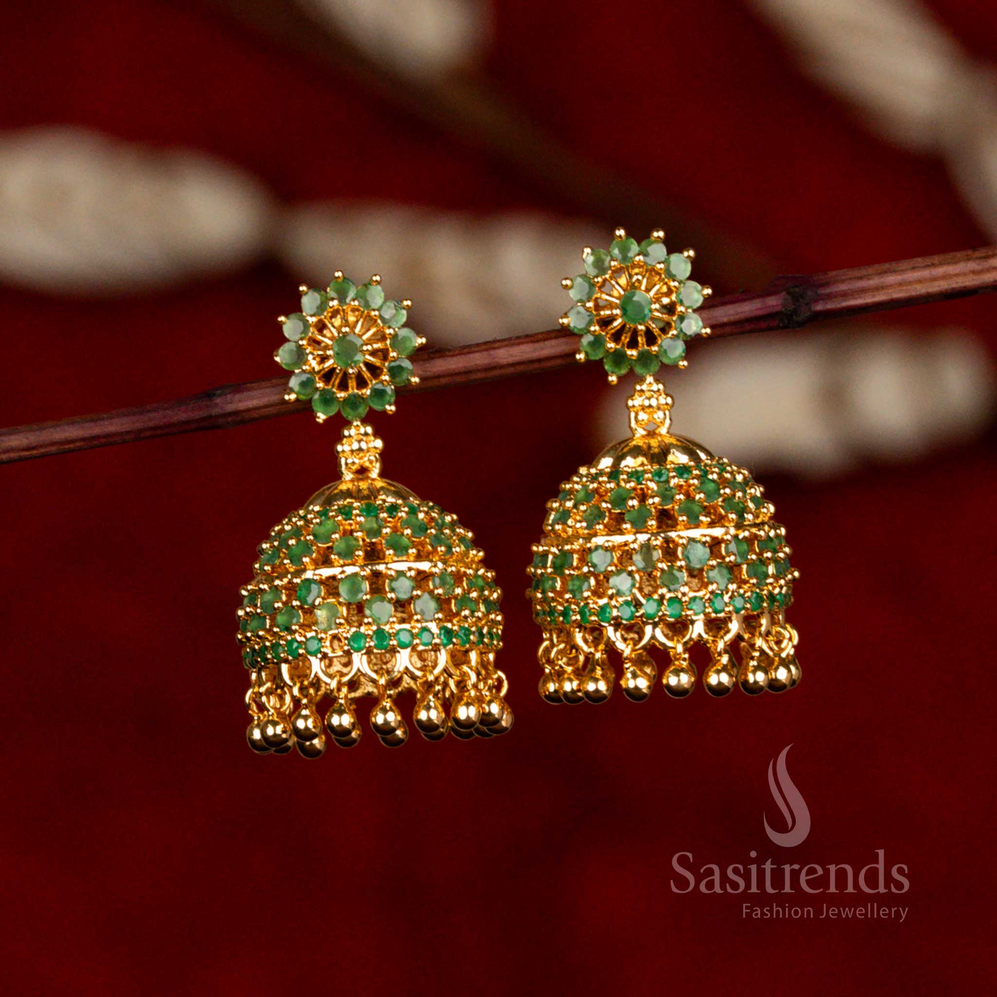 Stunning Micro Gold Plated AD Stone Studded Round Pattern Jhumka Earrings with Hanging Beads – Look Like Real Gold - Sasitrends - Image 3