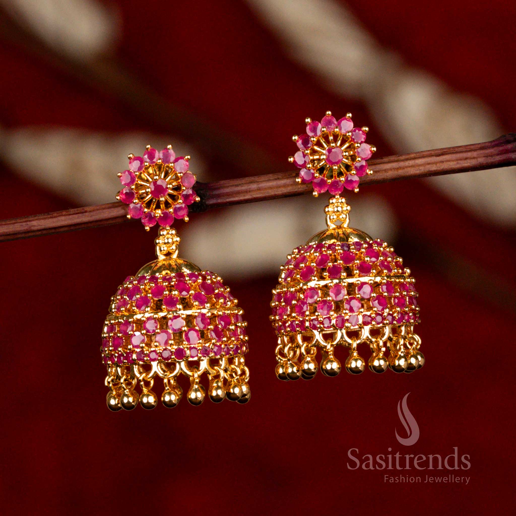 Stunning Micro Gold Plated AD Stone Studded Round Pattern Jhumka Earrings with Hanging Beads – Look Like Real Gold - Sasitrends - Image 4