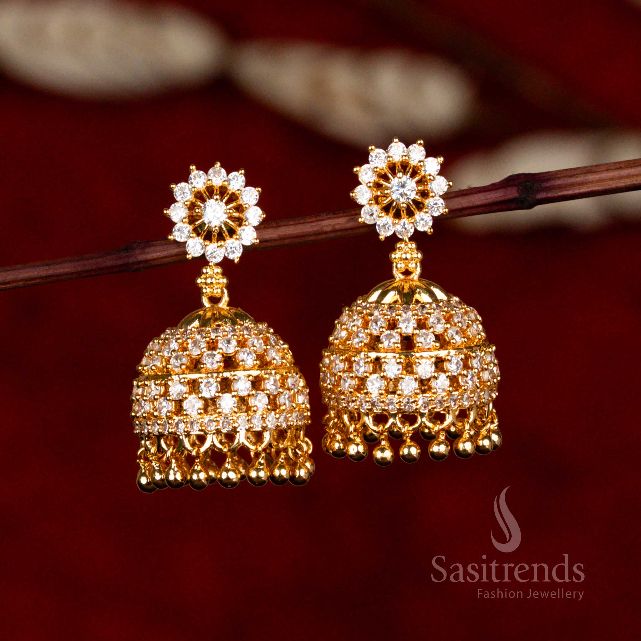 Stunning Micro Gold Plated AD Stone Studded Round Pattern Jhumka Earrings with Hanging Beads – Look Like Real Gold - Sasitrends - Image 5