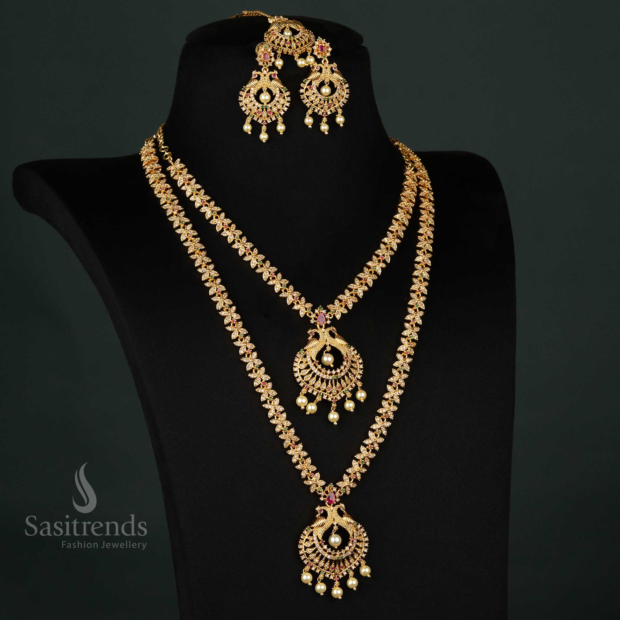 Amazing One Gram Micro Gold Plated Long & Short Necklace American Diamond Jewellery Set for weddings- Floral, Peacock & Traditional Designs - Sasitrends