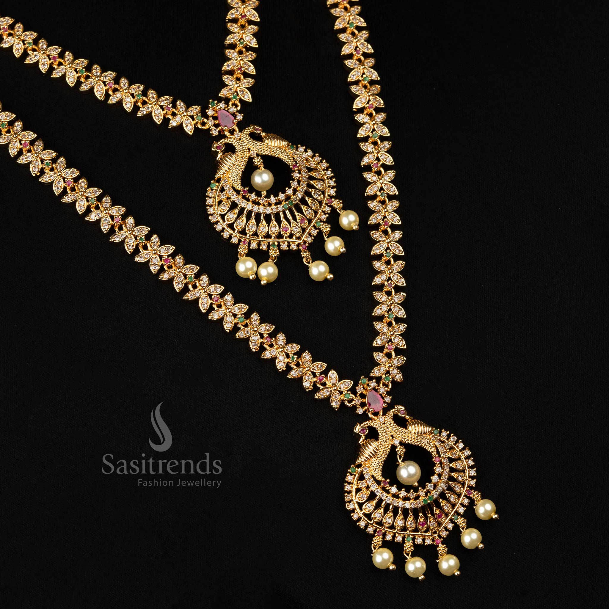 Amazing One Gram Micro Gold Plated Long & Short Necklace American Diamond Jewellery Set for weddings- Floral, Peacock & Traditional Designs - Sasitrends - Image 2