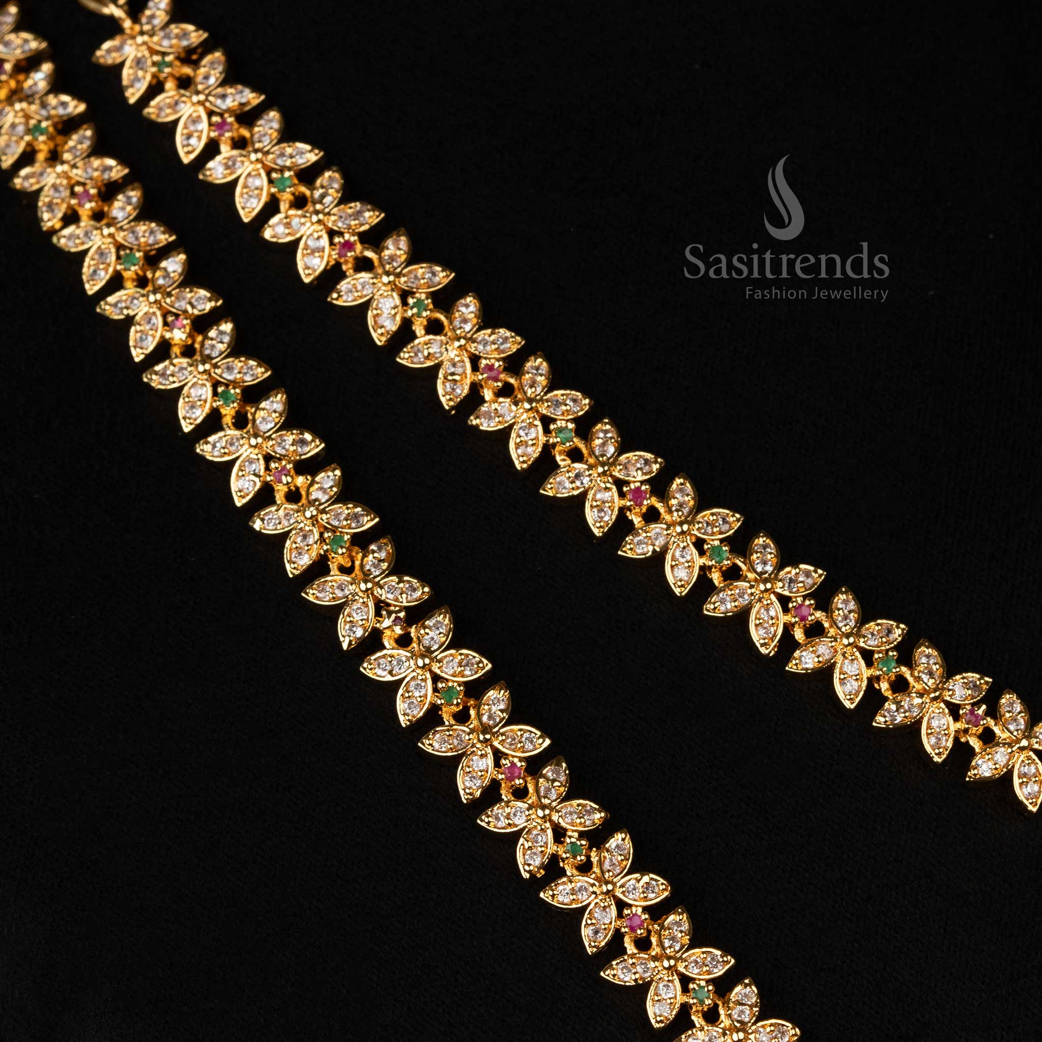 Amazing One Gram Micro Gold Plated Long & Short Necklace American Diamond Jewellery Set for weddings- Floral, Peacock & Traditional Designs - Sasitrends - Image 4