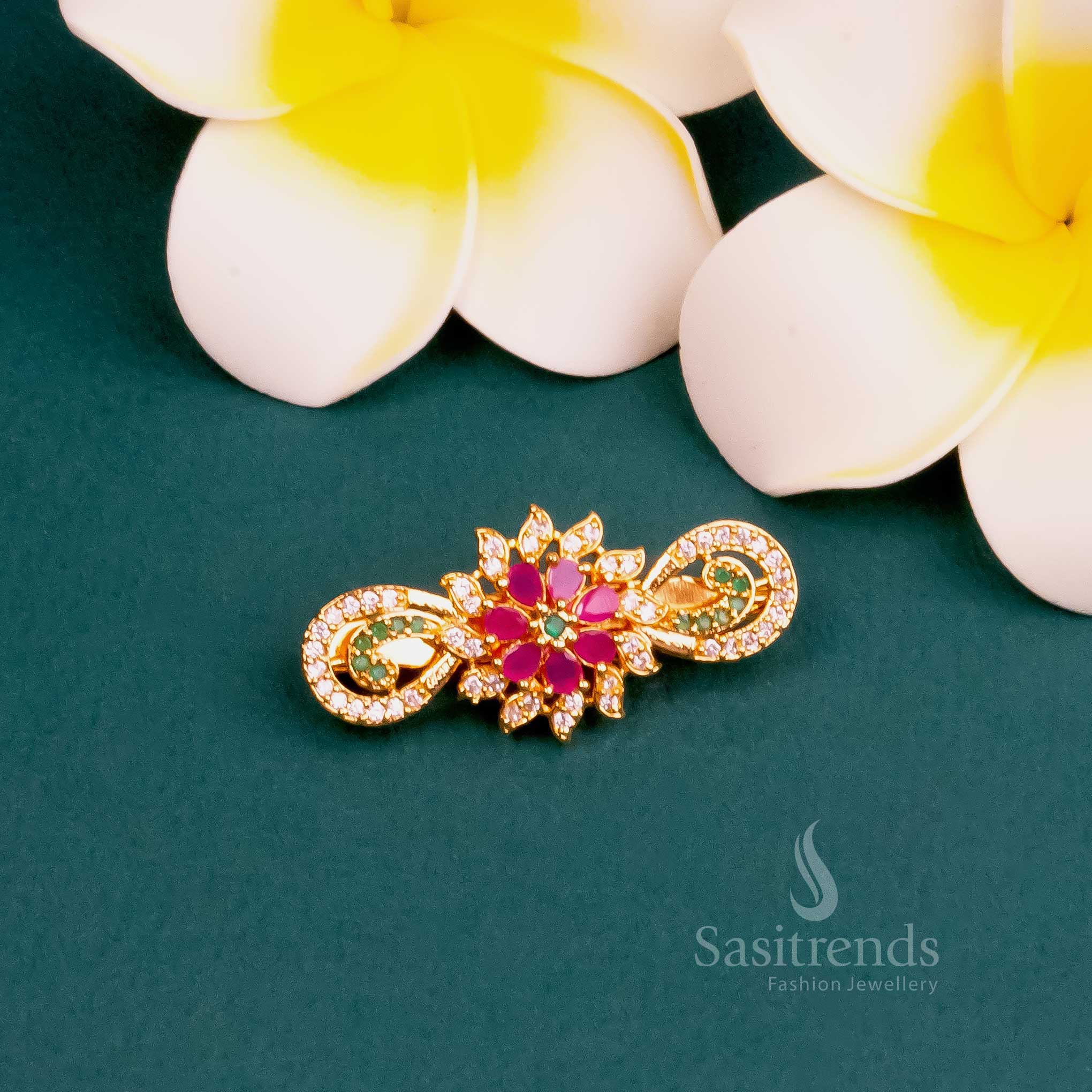 Exquisite Flower Motif Saree Pin | Micro Gold Plated | Latest AD Stone Design | Sasitrends