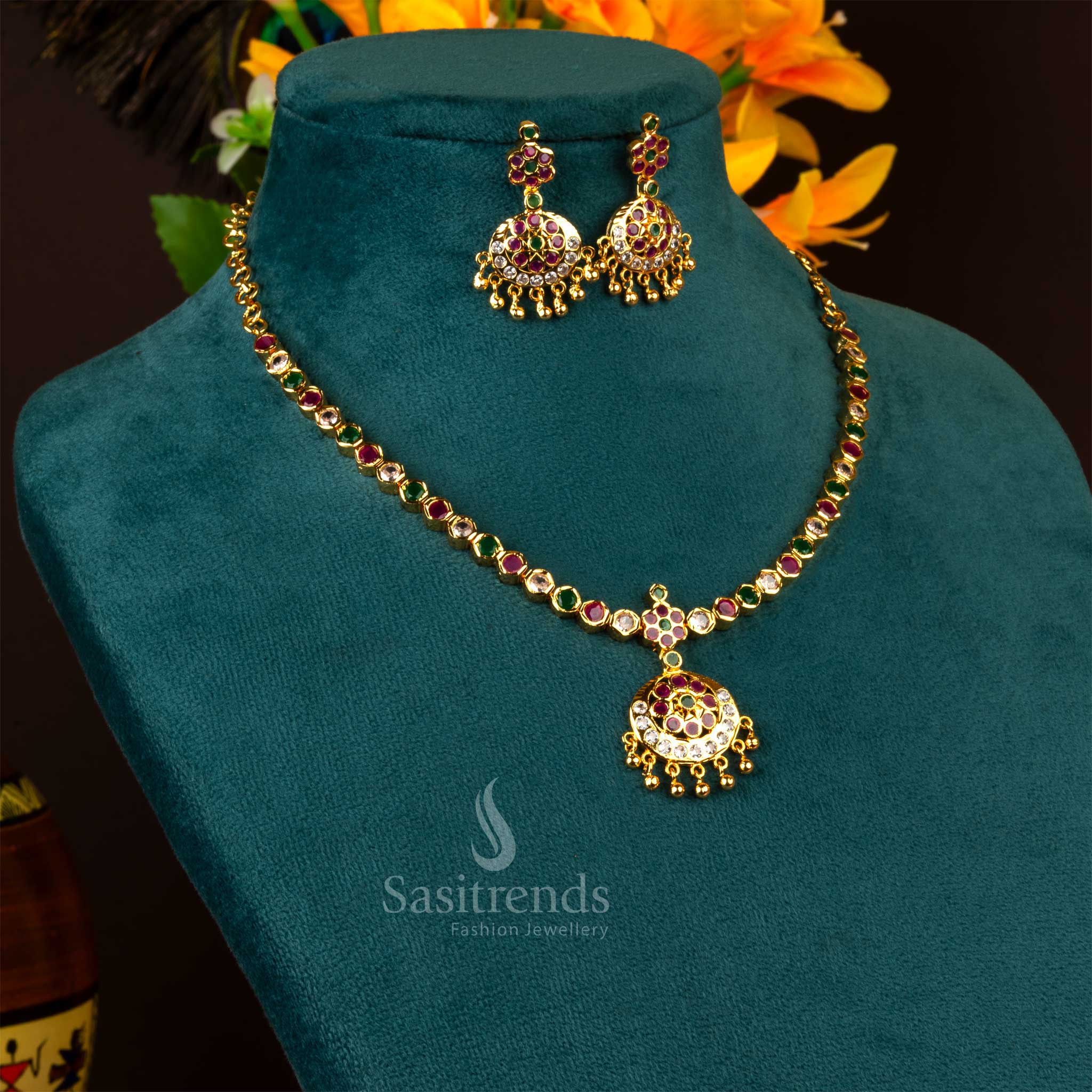 Traditional Micro Gold Plated Addigai Necklace Jewellery Set - Image 3