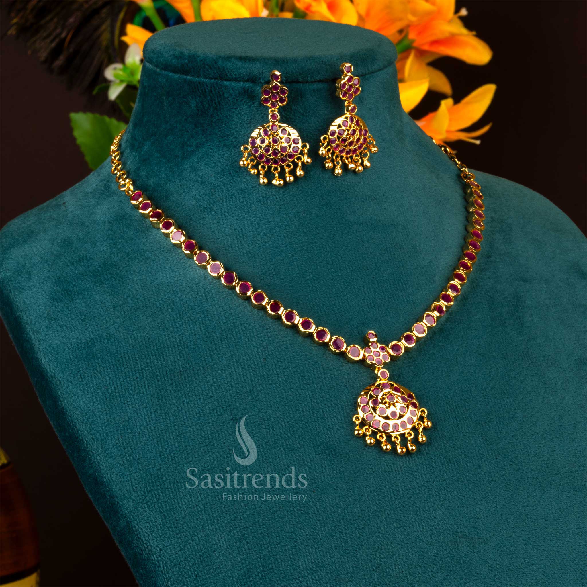 Traditional Micro Gold Plated Addigai Necklace Jewellery Set - Image 4