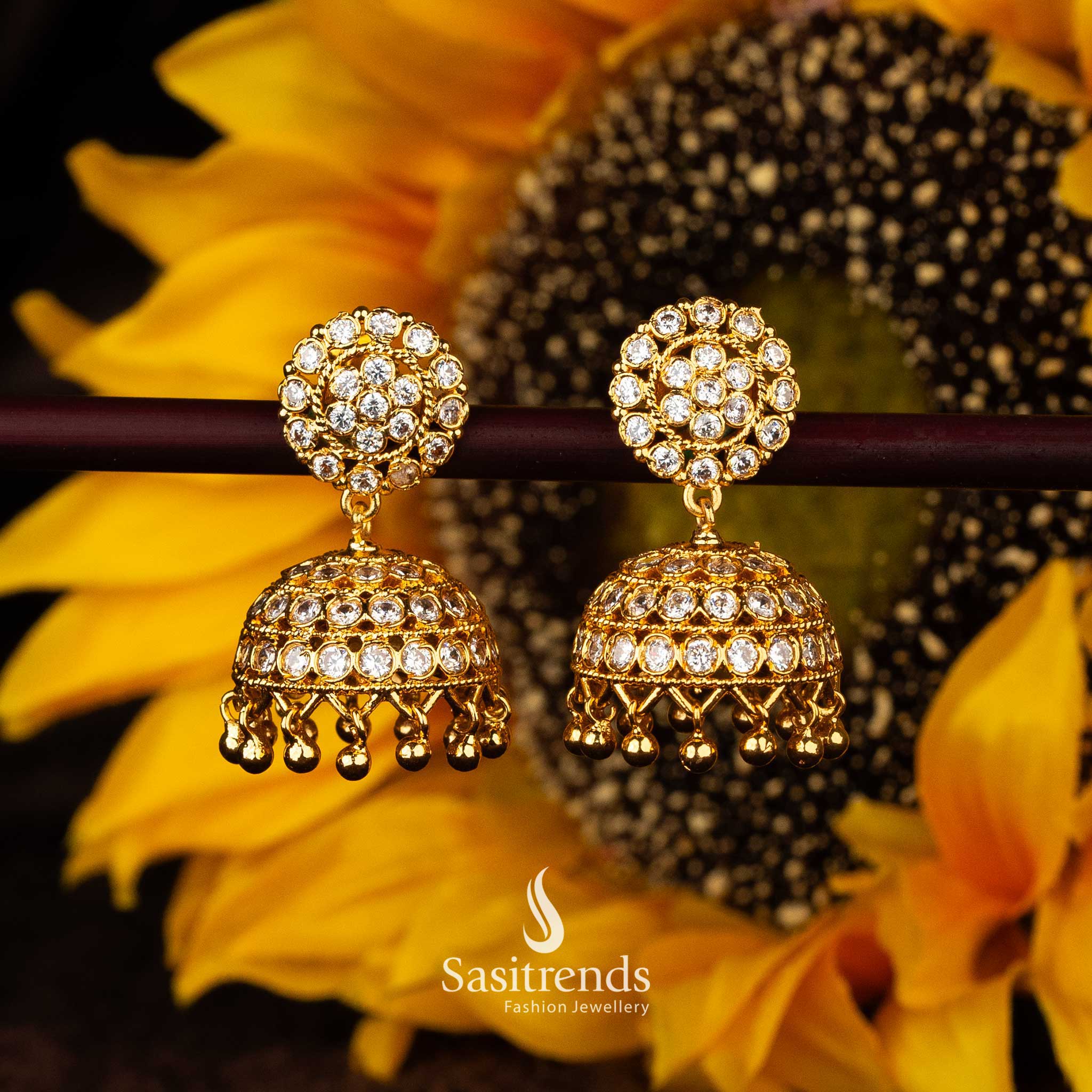 Guaranteed One Gram Micro Gold Plated AD Stone Impon Jhumka Earrings with Golden Balls - Sasitrends - Image 2