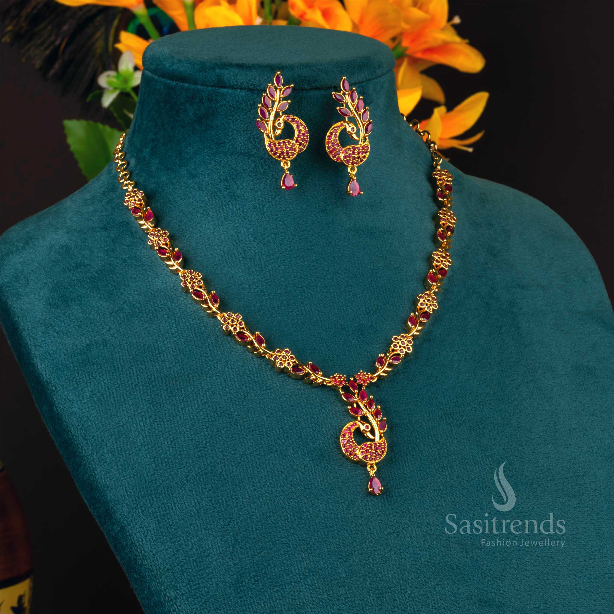 Sasitrends - Stunning Peacock Design American Diamond Micro Gold Plated Necklace Jewellery Set - Image 2