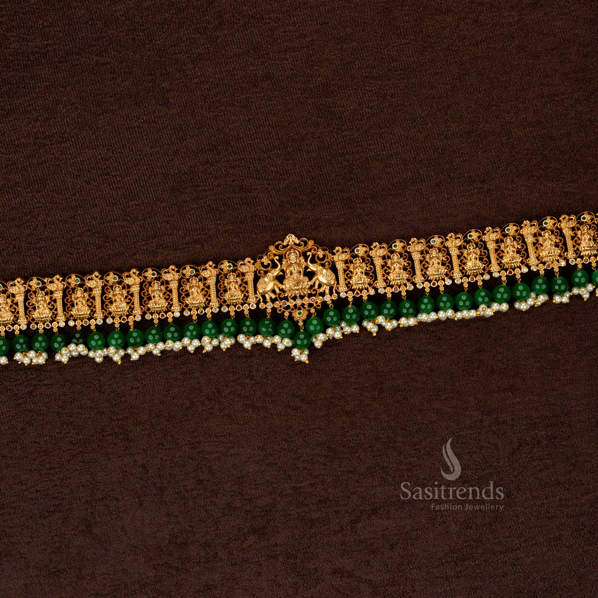 Attractive Premium Temple Matte Gold Plated Hip Belt with Lakshmi Motif Green Pearl Agate & AD Stones Traditional & Bridal Waist Chain - Sasitrends - Image 2