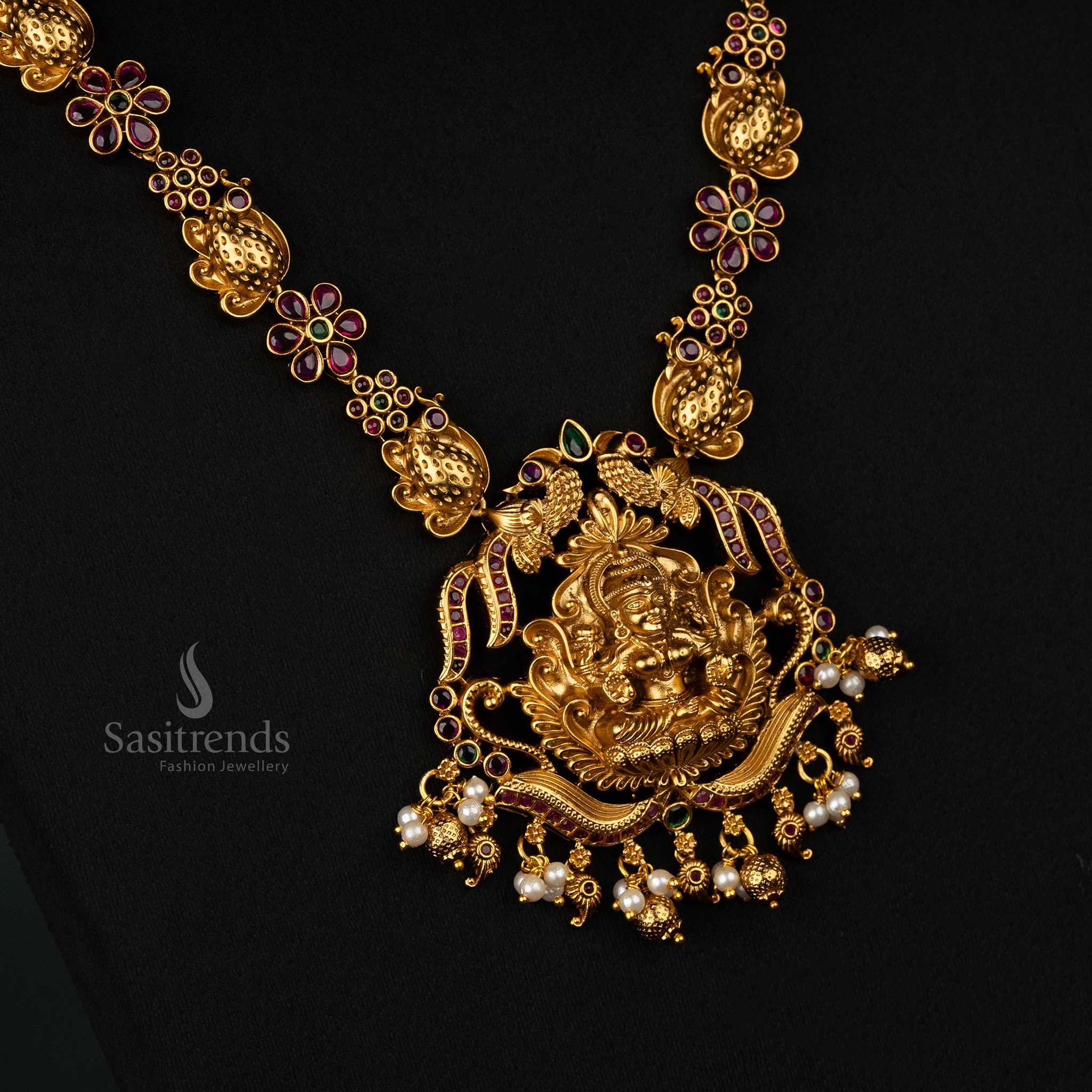 Wedding Wear Premium Temple Matte Gold Plated Long Haram with Lakshmi Pendant, Peacock, Floral Motifs, Hanging Beads, and Pearls - Sasitrends - Image 2