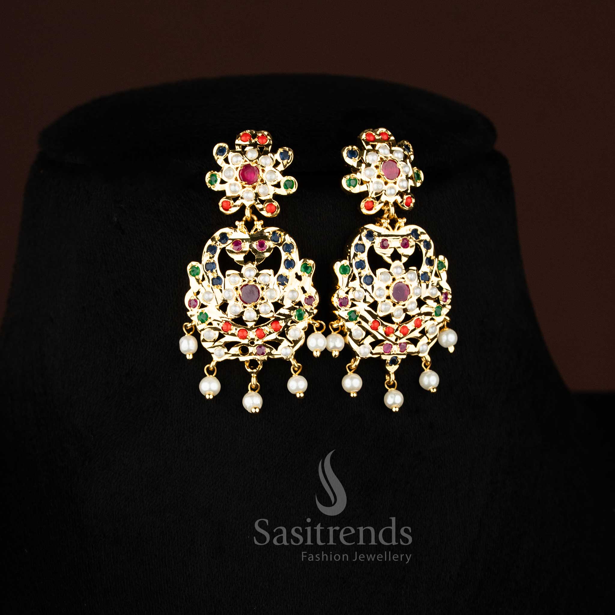 Traditional Punjabi Jadau Micro Gold Plated Peacock Pearl Navarathna AD Stone Choker Necklace Jewellery Set For Grand Occassions - Image 3