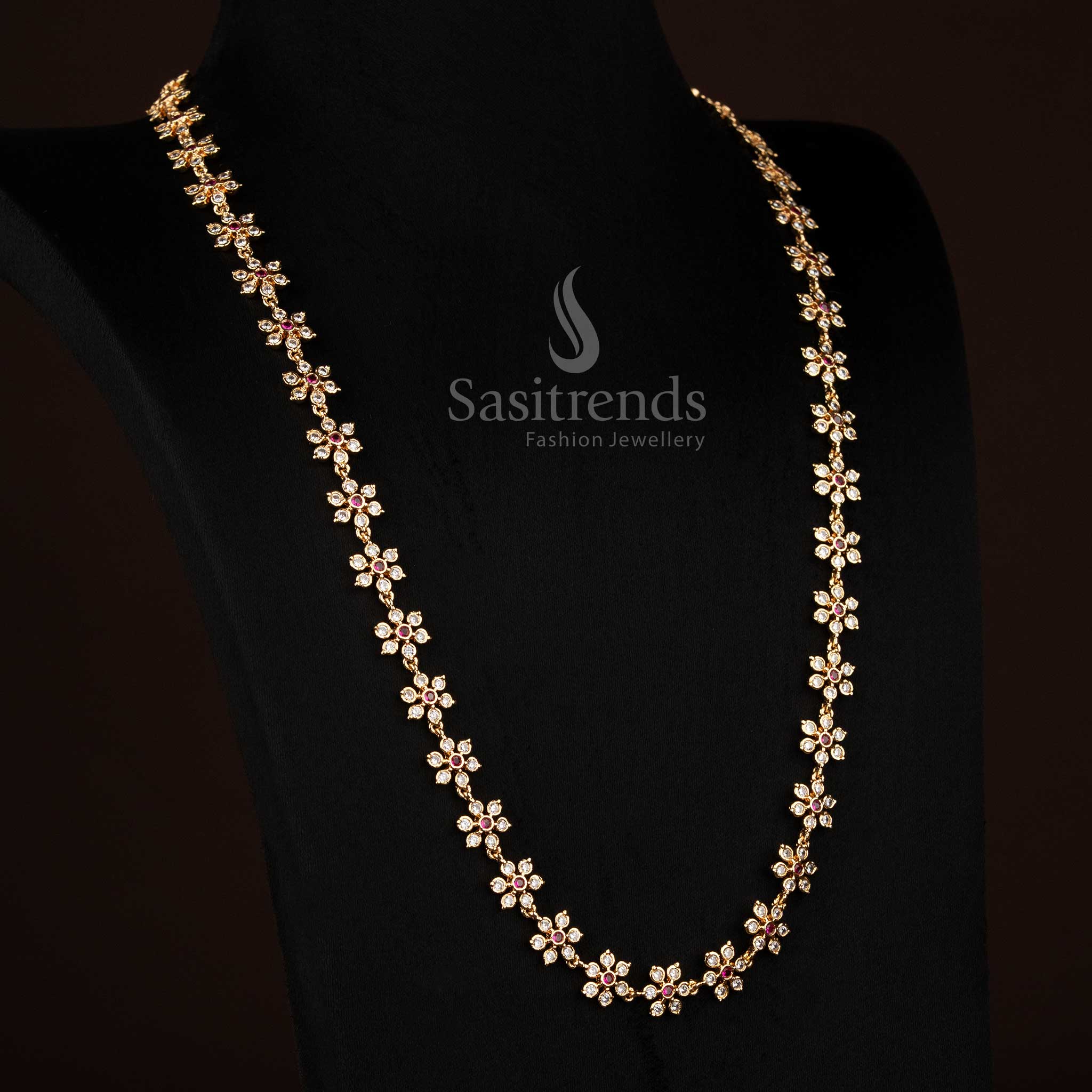 Guaranteed Traditional Floral Link Impon Addigai Micro Gold Plated AD Stone Long Haram Necklace | One Gram Jewellery - Image 2