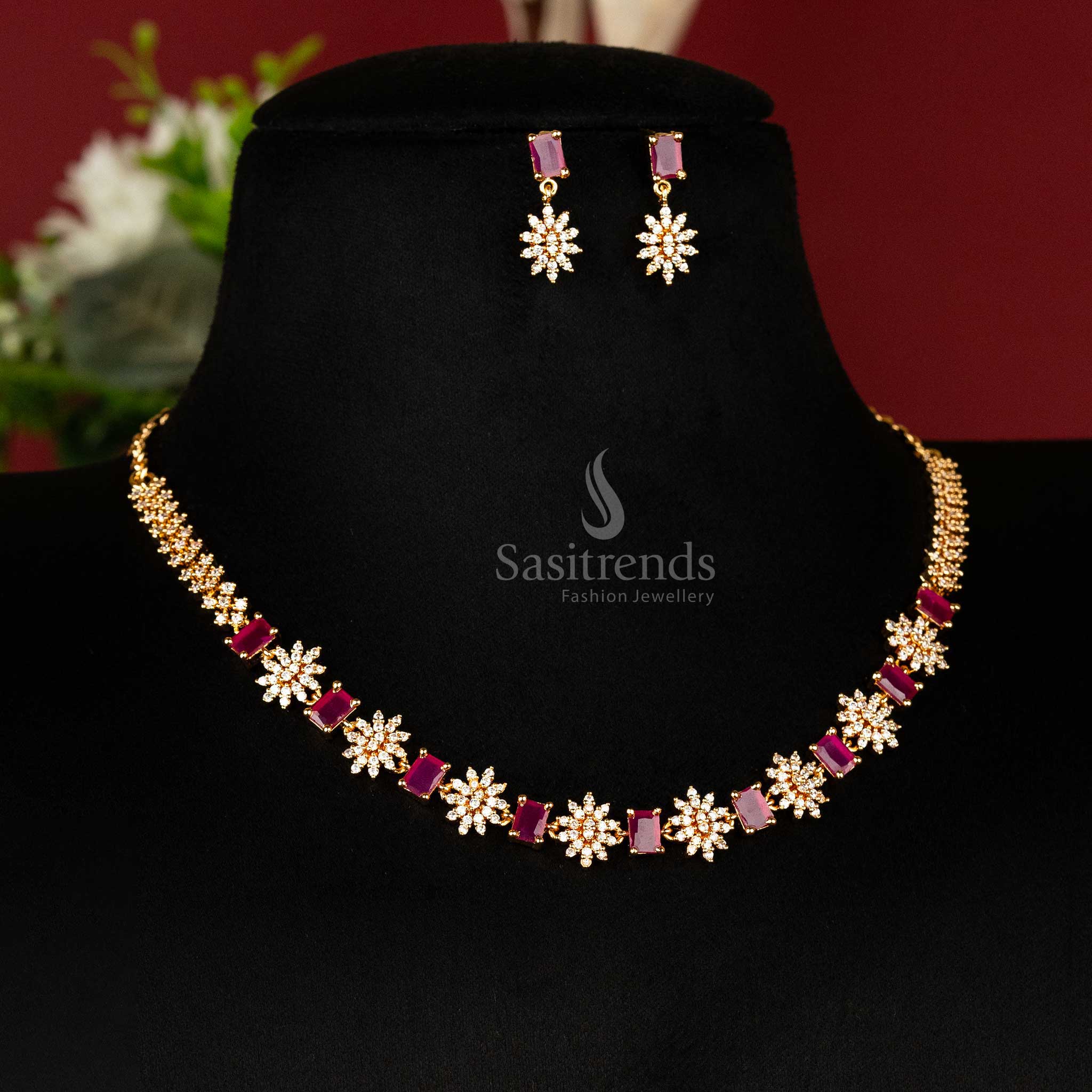 Latest Rectangular and Floral White Ruby American Diamond Micro Gold Plated Necklace Jewellery Set - Sasitrends
