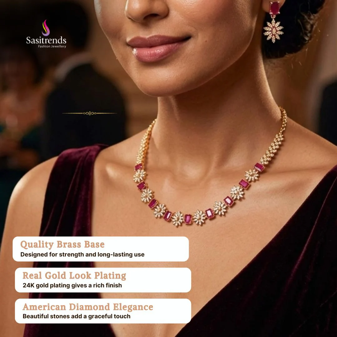 Latest Rectangular and Floral White Ruby American Diamond Micro Gold Plated Necklace Jewellery Set - Sasitrends - Image 2