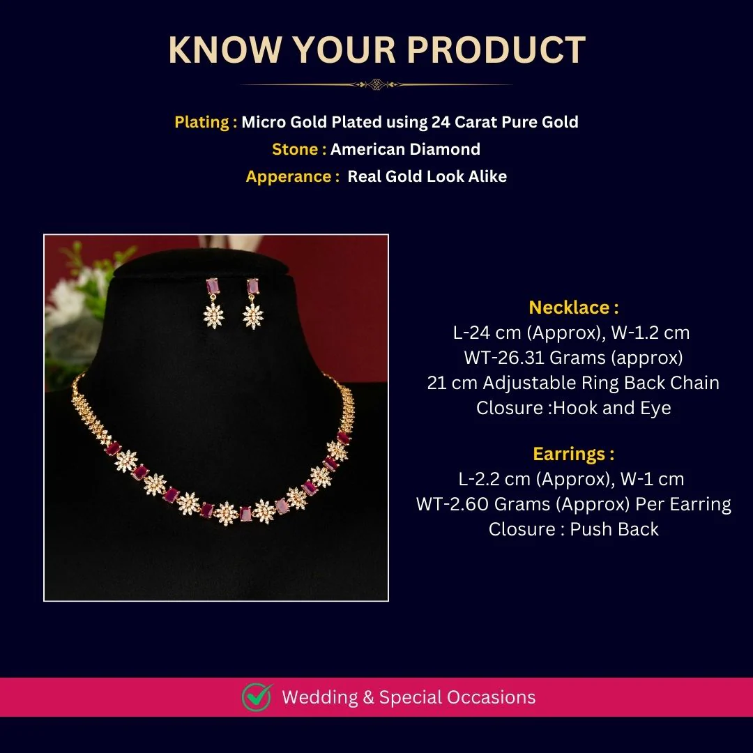 Latest Rectangular and Floral White Ruby American Diamond Micro Gold Plated Necklace Jewellery Set - Sasitrends - Image 4