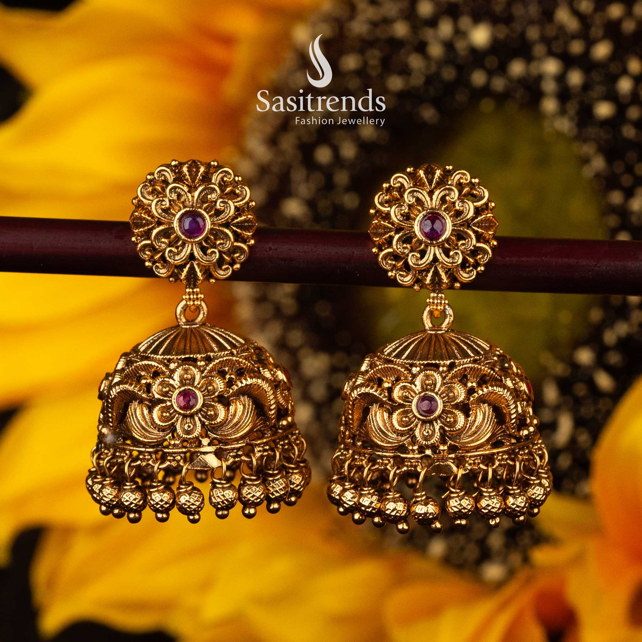 Stunning Ruby & Ruby-Green Temple Matte Gold Jhumka Earrings with Floral Design | Ideal for Weddings & Special Occasions - Sasitrends