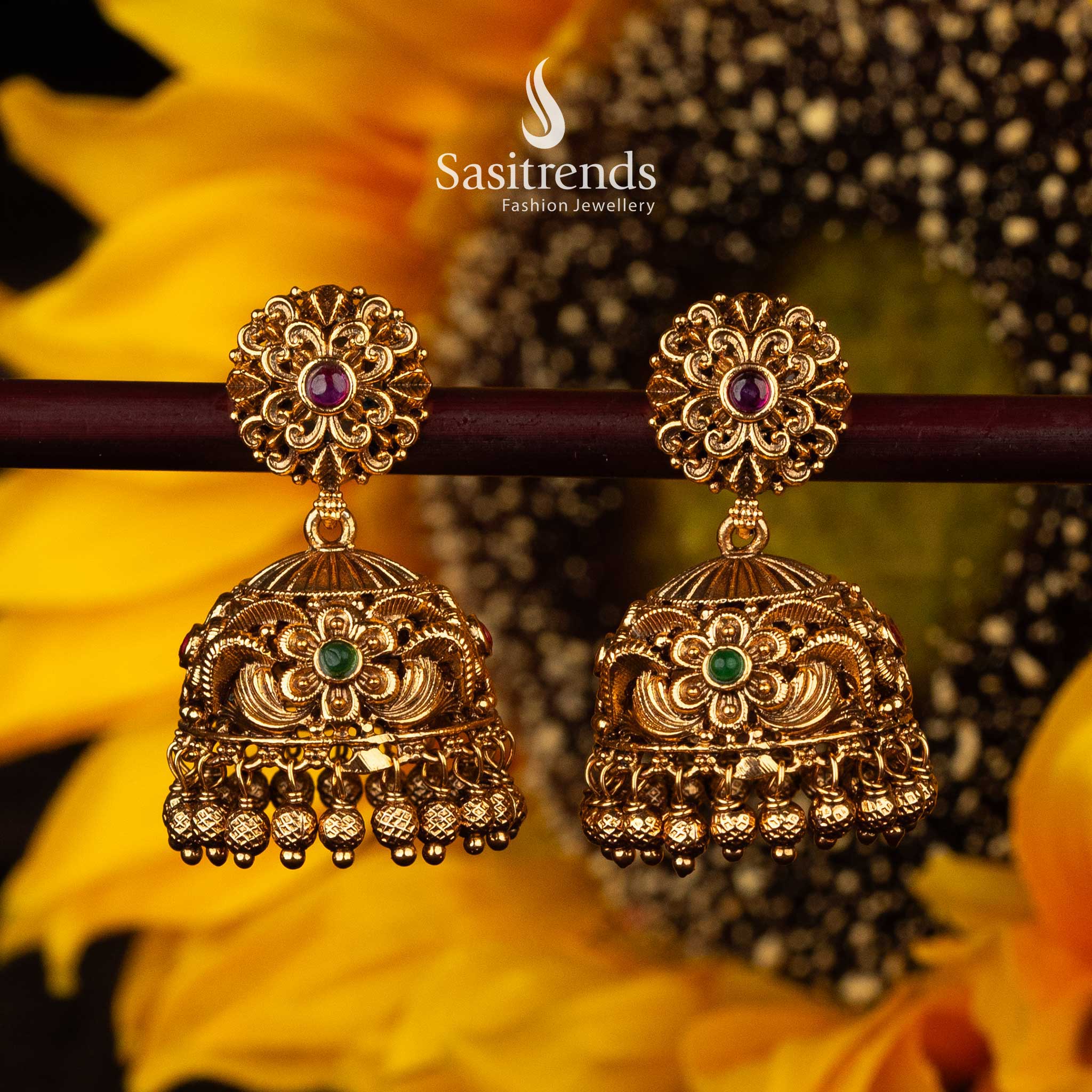 Stunning Ruby & Ruby-Green Temple Matte Gold Jhumka Earrings with Floral Design | Ideal for Weddings & Special Occasions - Sasitrends - Image 2
