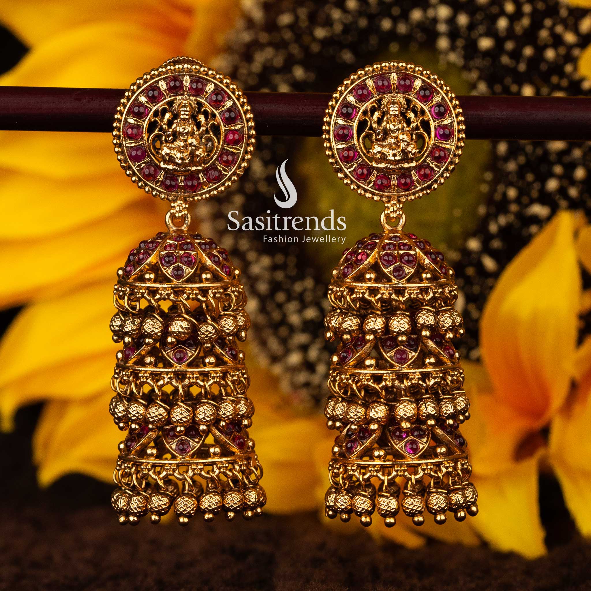 Traditional Temple Matte Gold Lakshmi 3-Step Jhumka Earrings for Bridal and Wedding | Available in  Ruby & Ruby-Green - Sasitrends - Image 2