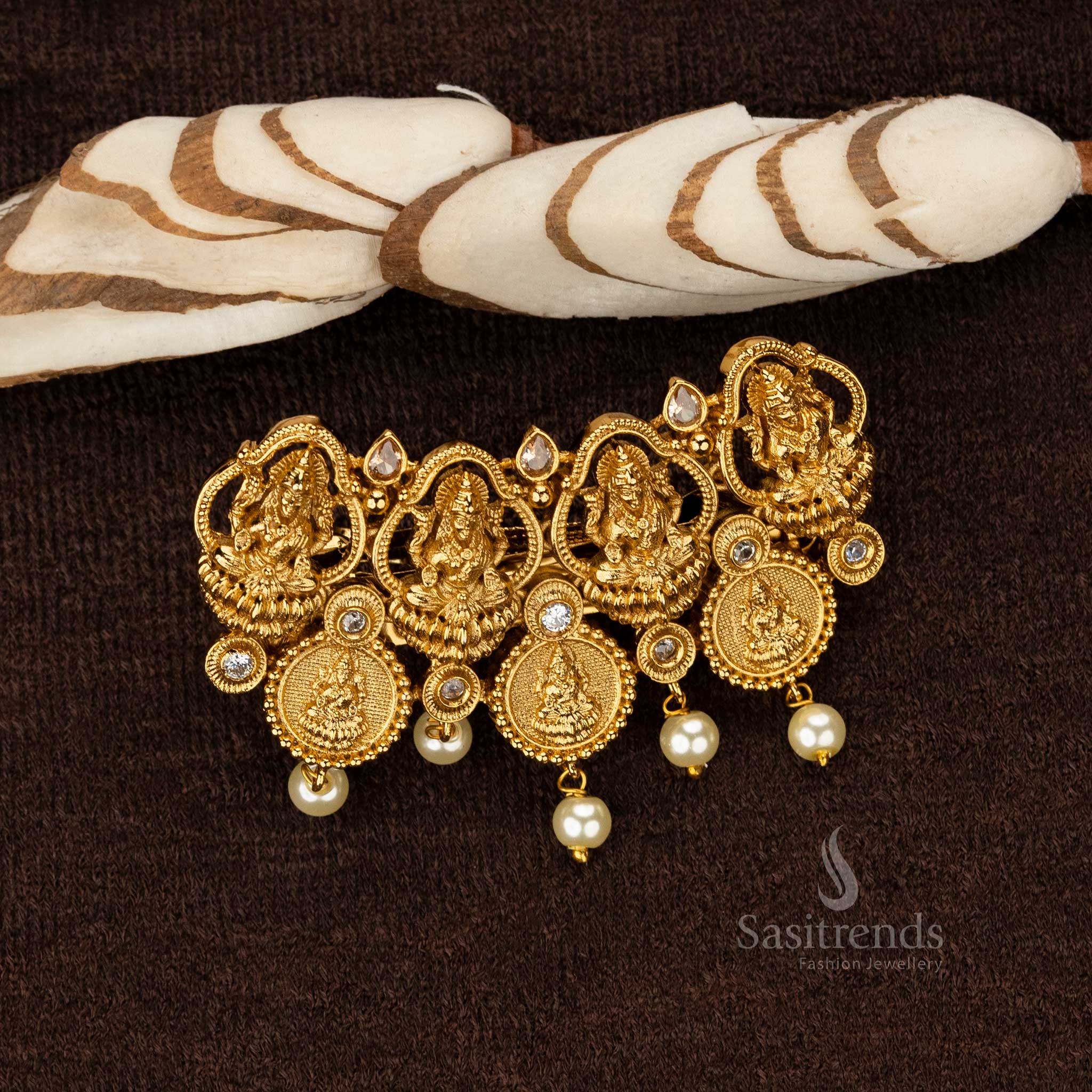 Beautiful Premium Temple Matte Gold Plated AD Stone Studded Hair Clip with Lakshmi and Coin Motifs- Sasitrends - Image 3