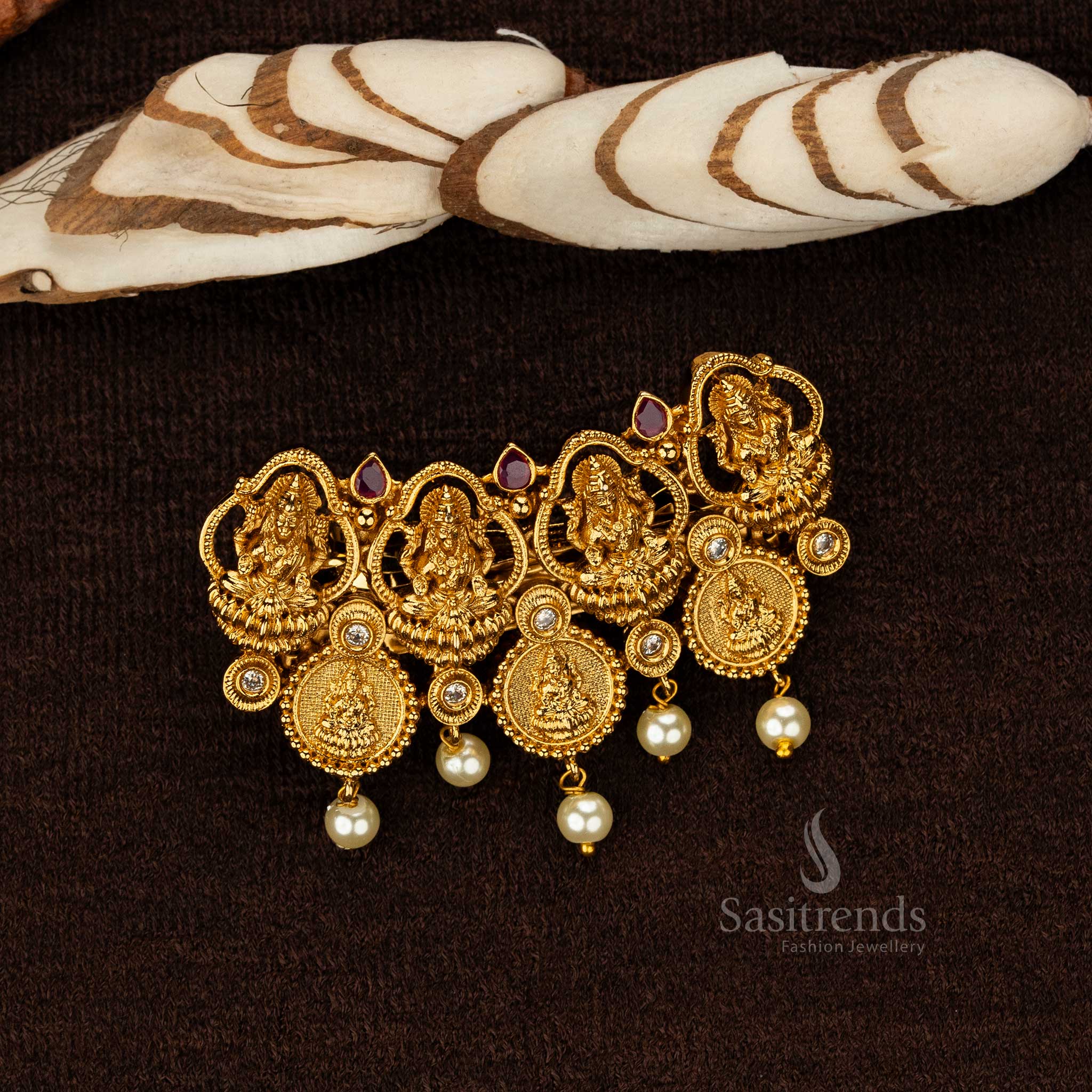 Beautiful Premium Temple Matte Gold Plated AD Stone Studded Hair Clip with Lakshmi and Coin Motifs- Sasitrends - Image 5