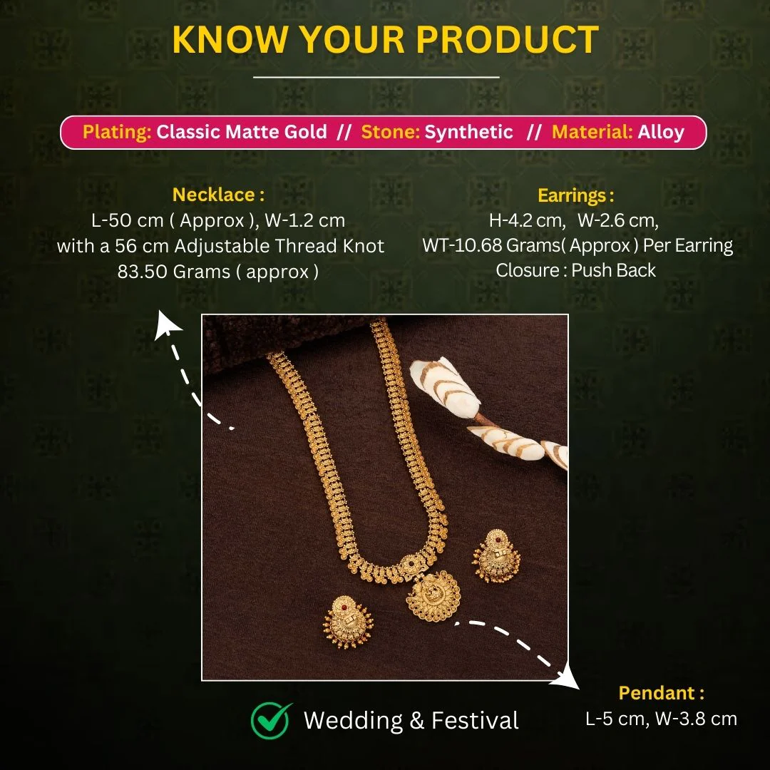 Traditional Wear Classic Temple Matte Gold Plated Long Haram Necklace Jewellery Set with Lakshmi Pendant and Jhumka Earrings - Sasitrends - Image 2