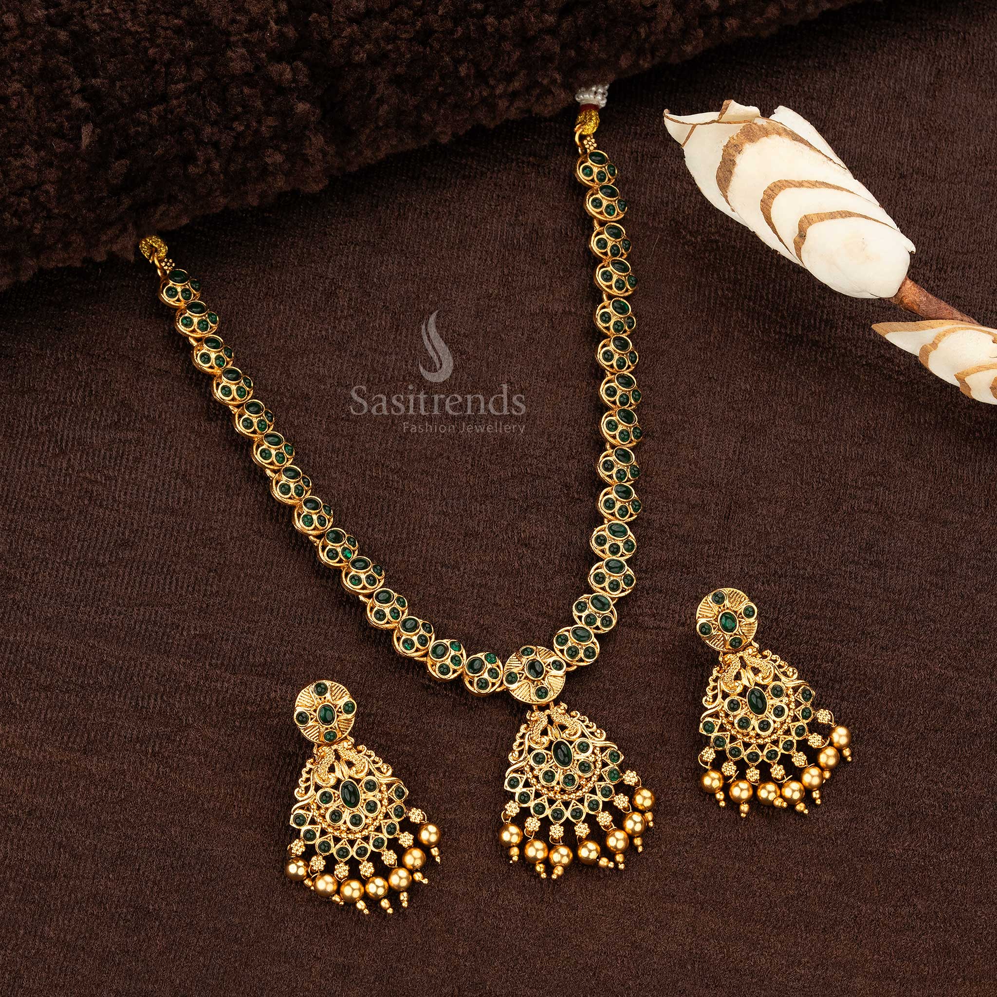 Elegant Temple Classic Matte Gold Plated Necklace Jewellery Set with Designer Earrings - Sasitrends - Image 2