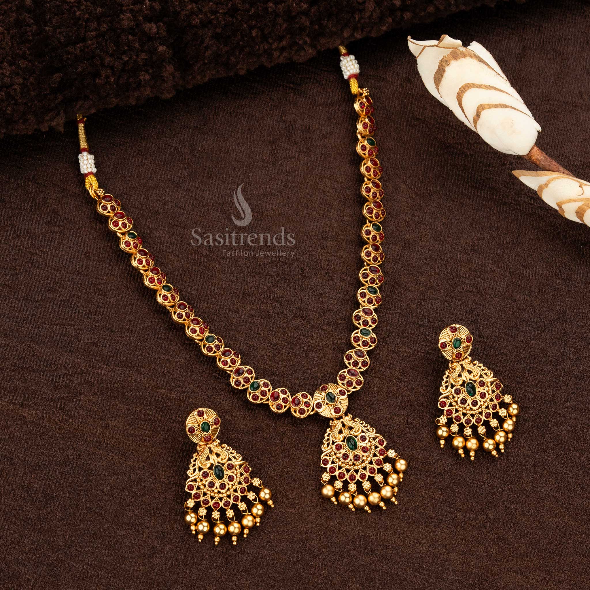 Elegant Temple Classic Matte Gold Plated Necklace Jewellery Set with Designer Earrings - Sasitrends - Image 4