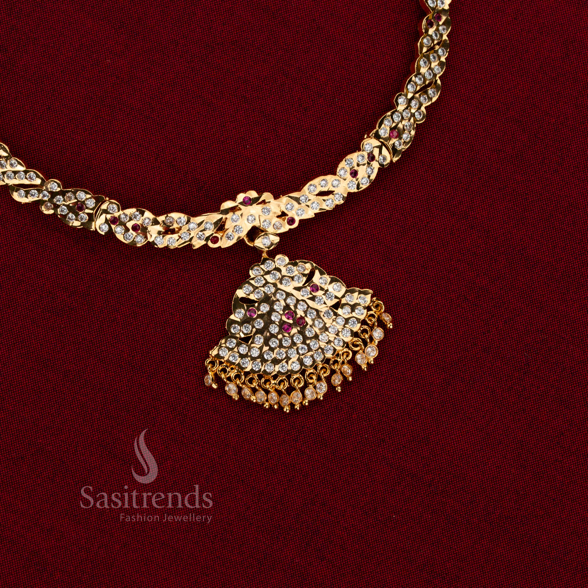 Traditional Wedding Impon Attigai Micro Gold Plated Flared Fan / Pathakam Pendant Necklace – Guaranteed One Gram Jewellery - Image 12