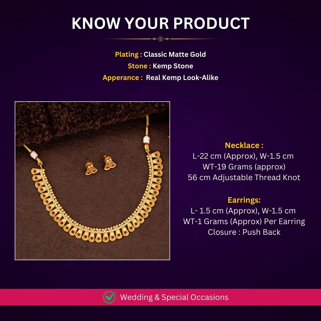 Traditional Classic Temple Matte Gold-Plated Necklace Jewellery Set with Tapered Teardrop Motifs - Sasitrends - Image 7