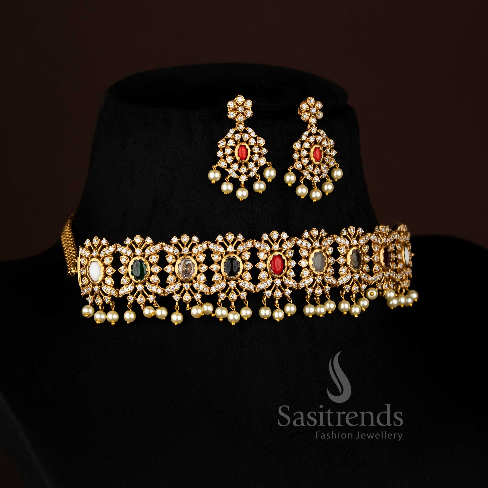 Gorgeous Floral Temple Matte Gold Plated Choker Necklace Jewellery Set with Pearls & AD Stones for Women - Sasitrends - Image 3