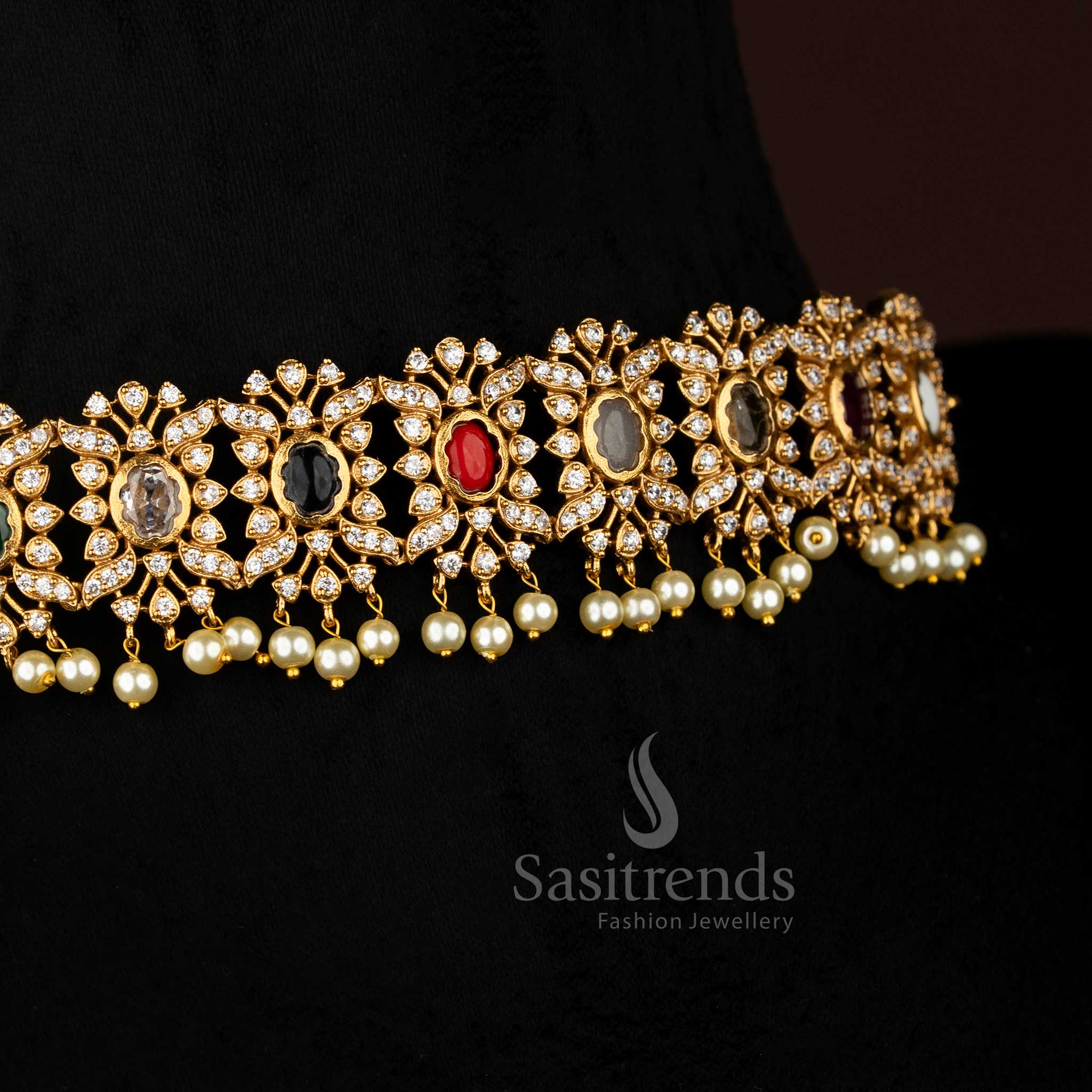 Gorgeous Floral Temple Matte Gold Plated Choker Necklace Jewellery Set with Pearls & AD Stones for Women - Sasitrends - Image 4
