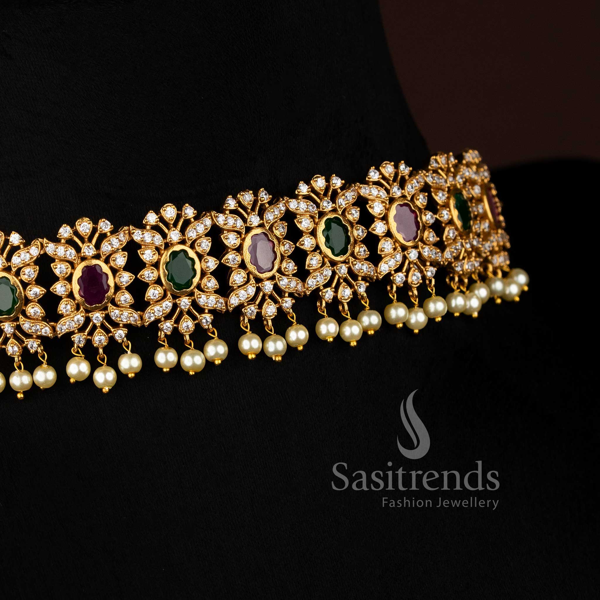 Gorgeous Floral Temple Matte Gold Plated Choker Necklace Jewellery Set with Pearls & AD Stones for Women - Sasitrends - Image 5