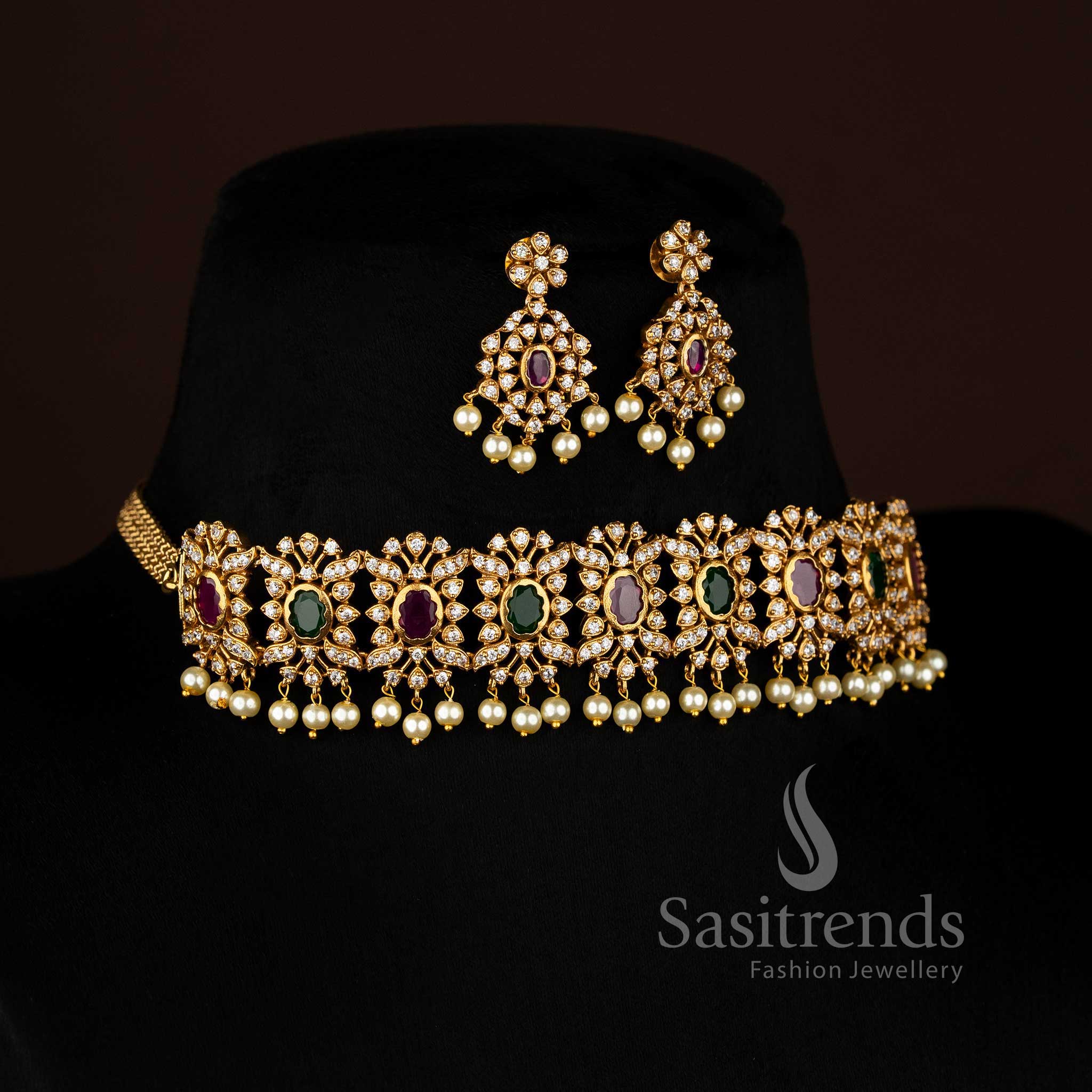 Gorgeous Floral Temple Matte Gold Plated Choker Necklace Jewellery Set with Pearls & AD Stones for Women - Sasitrends - Image 6