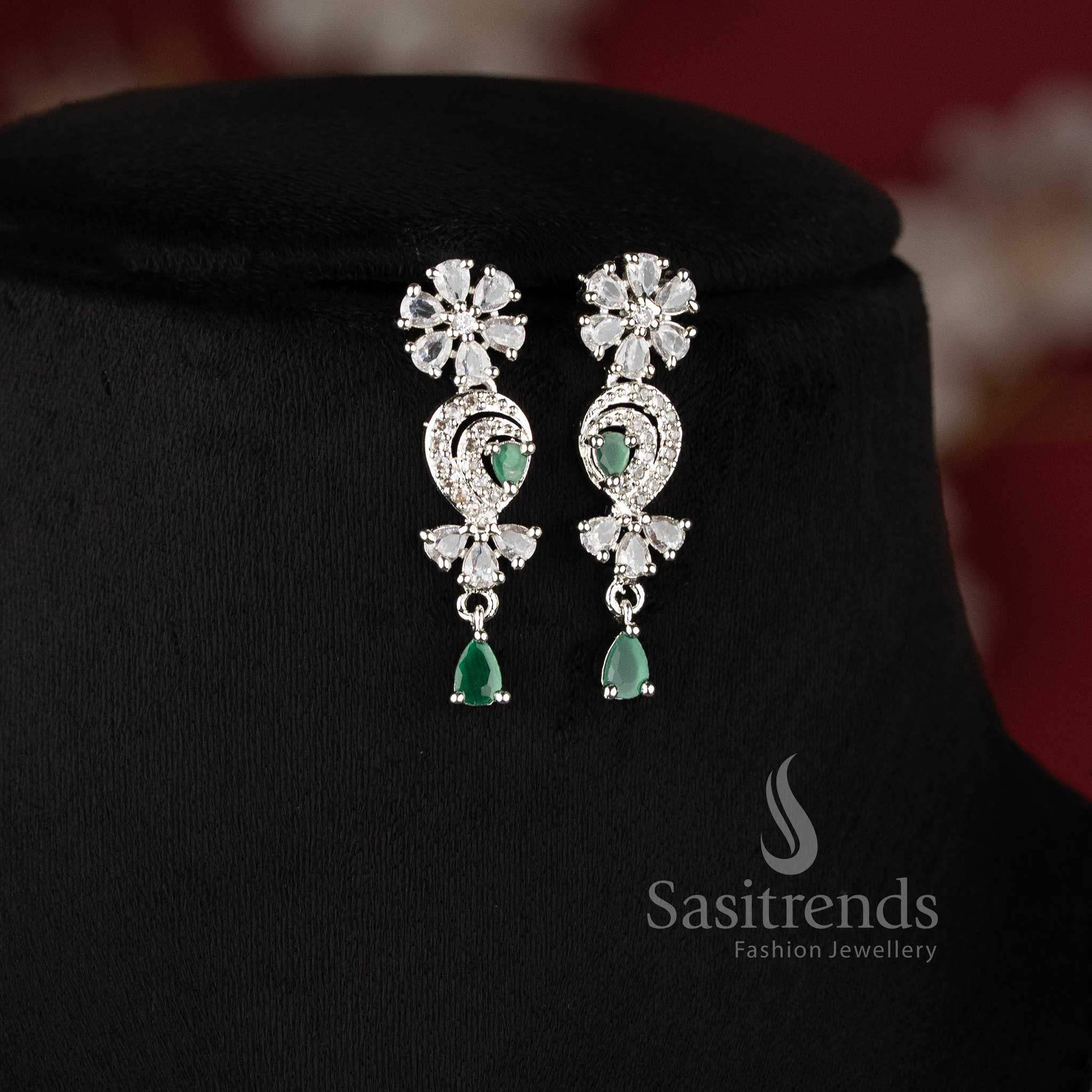 New Trendy Floral Pattern Party Wear Rhodium Silver Plated American Diamond Necklace Jewellery Set - Sasitrends - Image 11
