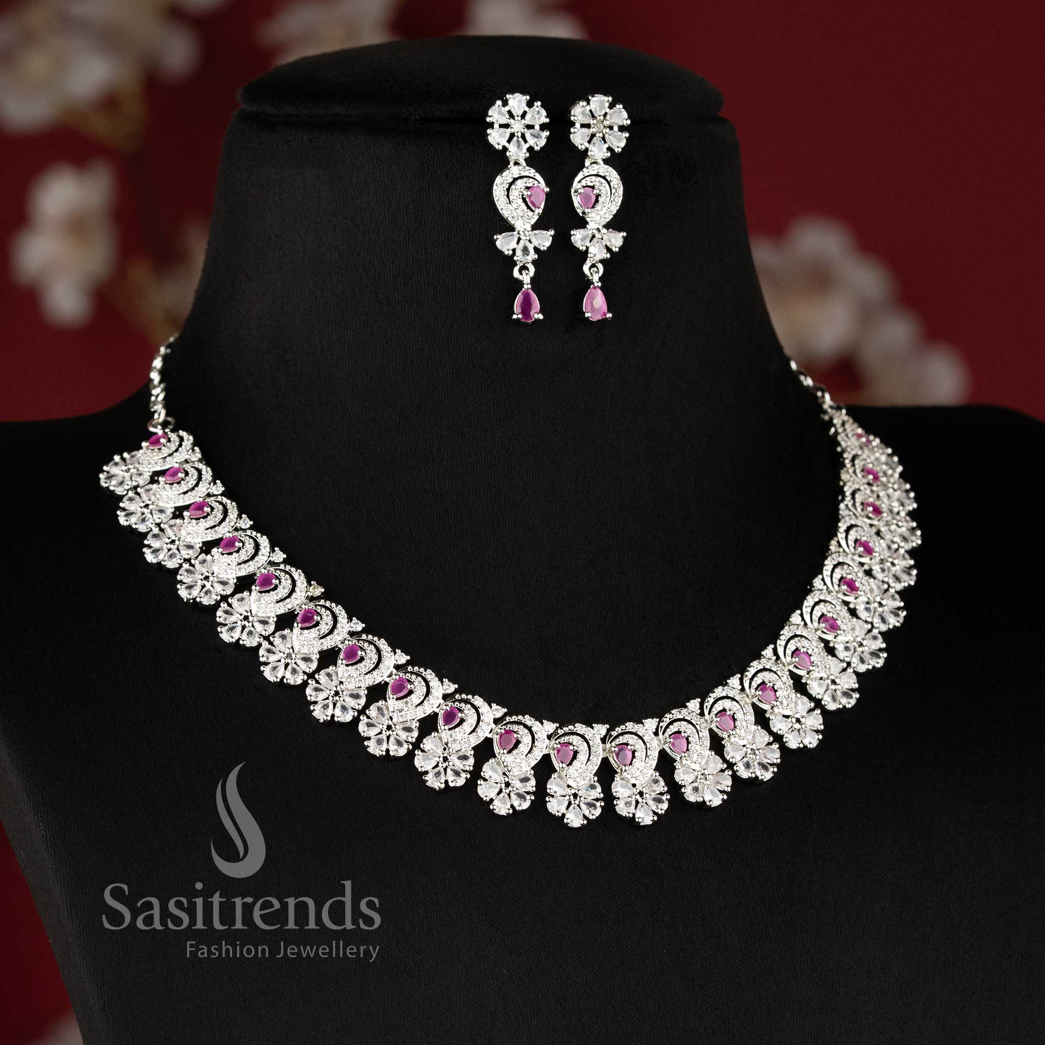 New Trendy Floral Pattern Party Wear Rhodium Silver Plated American Diamond Necklace Jewellery Set - Sasitrends - Image 2